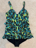 Dolfin Aquashape 40/14 One Piece Swimdress Teal Lime Black Tiered Ruffle Tummy Control