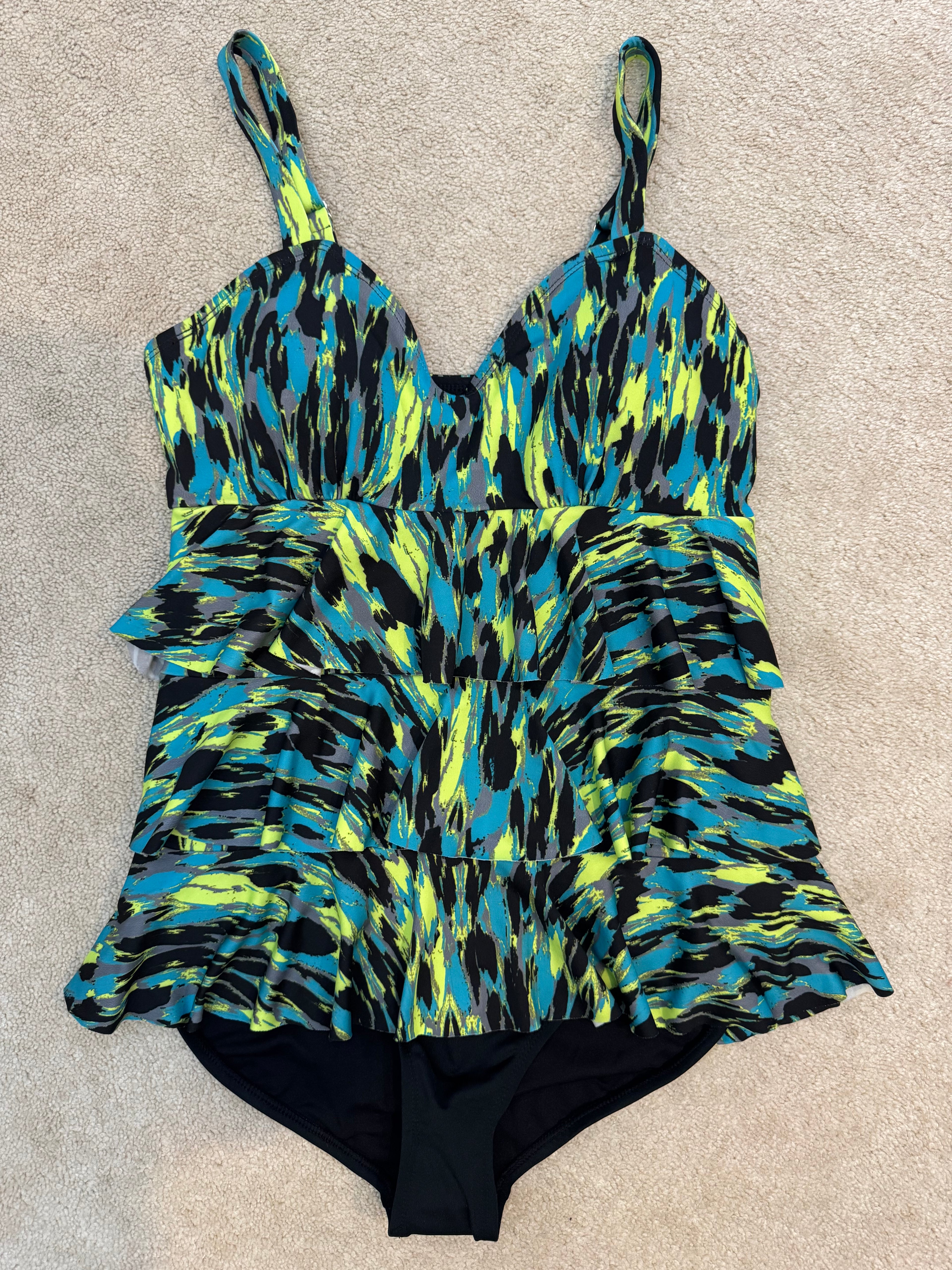 Dolfin Aquashape 40/14 One Piece Swimdress Teal Lime Black Tiered Ruffle Tummy Control