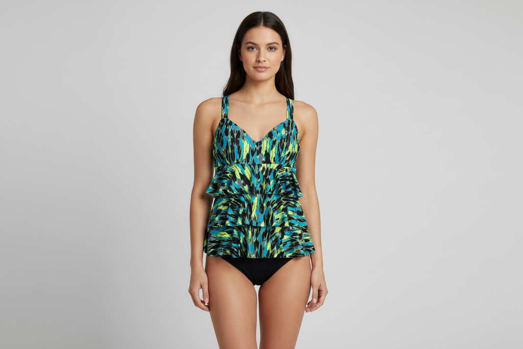 Dolfin Aquashape 40/14 One Piece Swimdress Teal Lime Black Tiered Ruffle Tummy Control