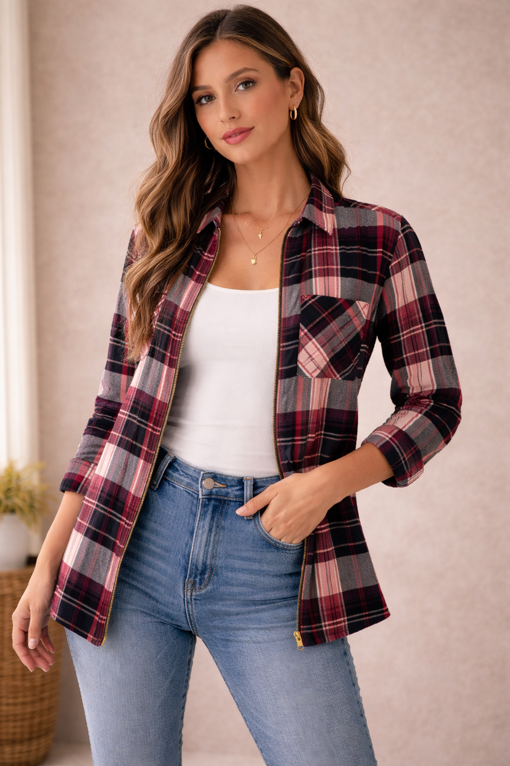 Comfort Outfitters Plaid Zip Front Shirt Jacket Women’s Small Red Navy Flannel NWT