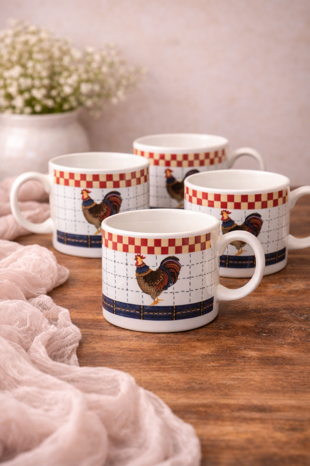 Majesticware Oneida Calico Rooster Mug Set Farmhouse Chicken Cups 4pc