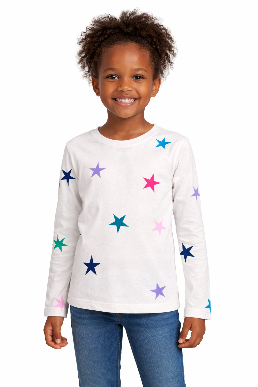Cat & Jack Girls Star Print Long Sleeve Shirt Cream Multicolor Stars Kids NWT Multiple Sizes