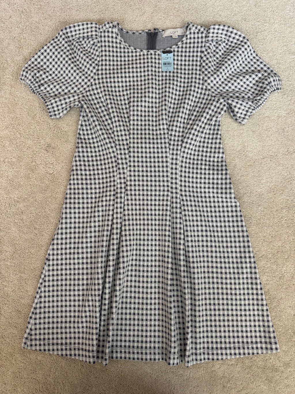 LOFT Petite 4P Black White Gingham Puff Sleeve Dress NWT