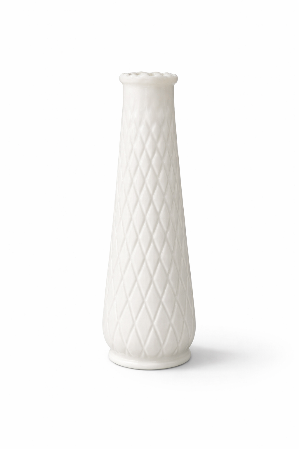 Vintage EO Brody Milk Glass Vase Diamond Quilt Tall Bud Vase White