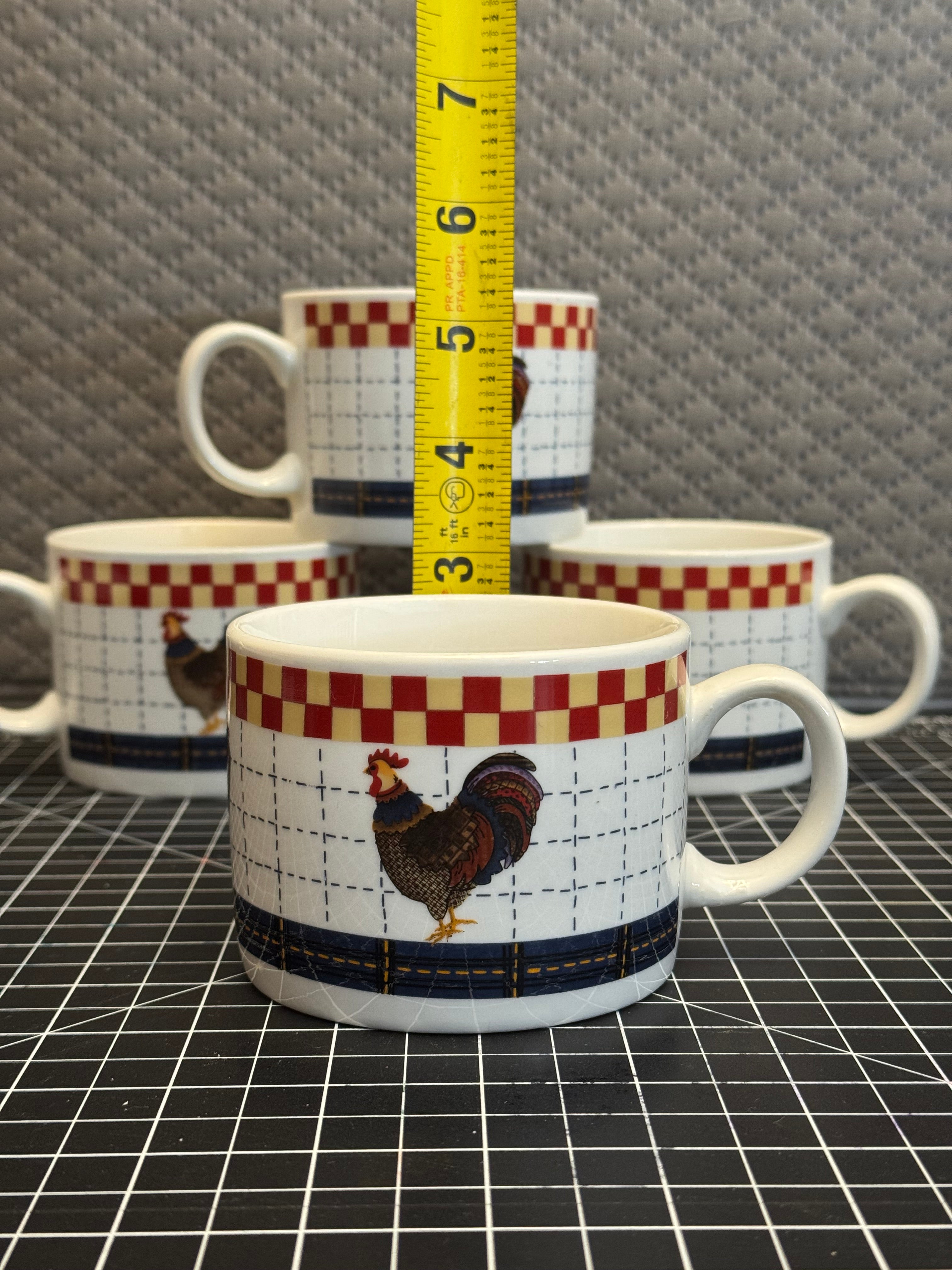 Majesticware Oneida Calico Rooster Mug Set Farmhouse Chicken Cups 4pc