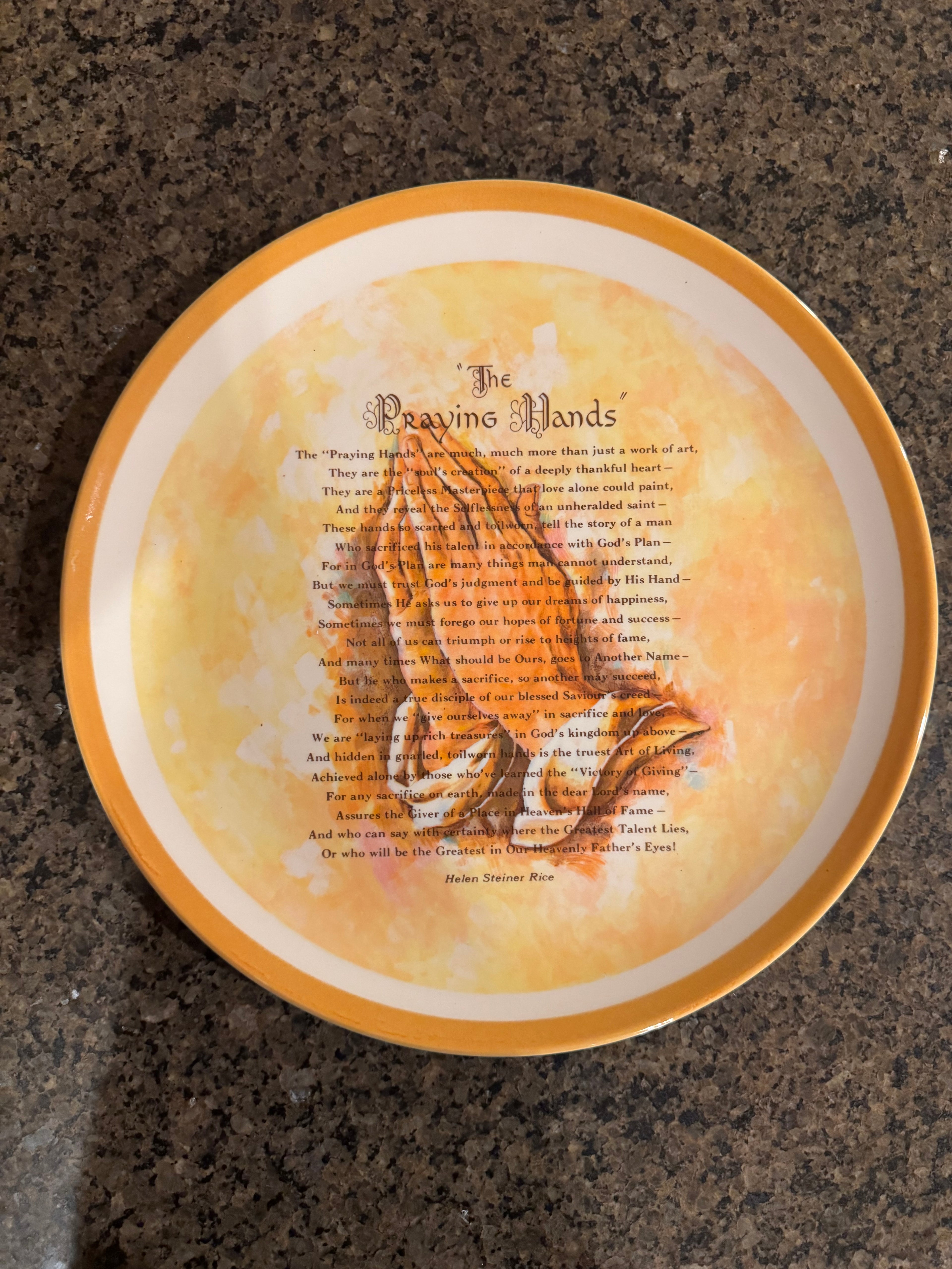 1973 Helen Steiner Rice “The Praying Hands” Keepsake Plate 12” Gibson
