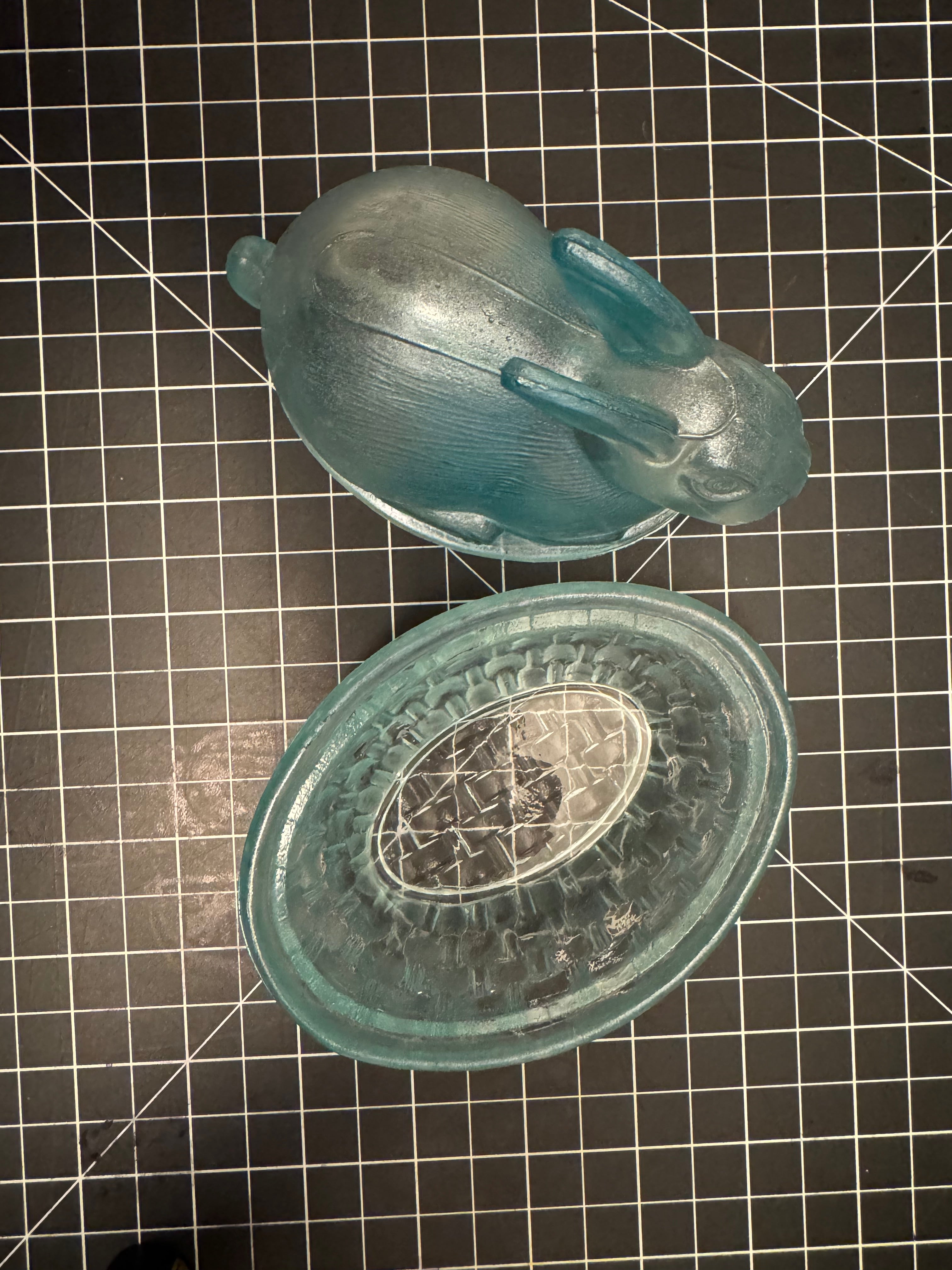 Aqua Glass Bunny on Nest Covered Dish Easter Rabbit Candy Dish Vintage Style