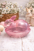 Pink Glass Bunny on NestCovered Dish Easter Rabbit Candy Dish Vintage Style