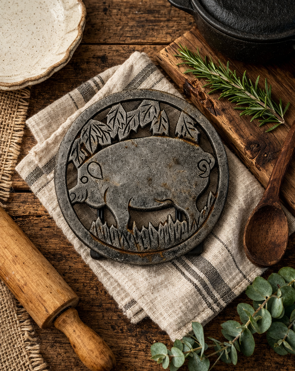 Cast Iron Pig Trivet Rustic Farmhouse Hot Plate Kitchen Decor 6”