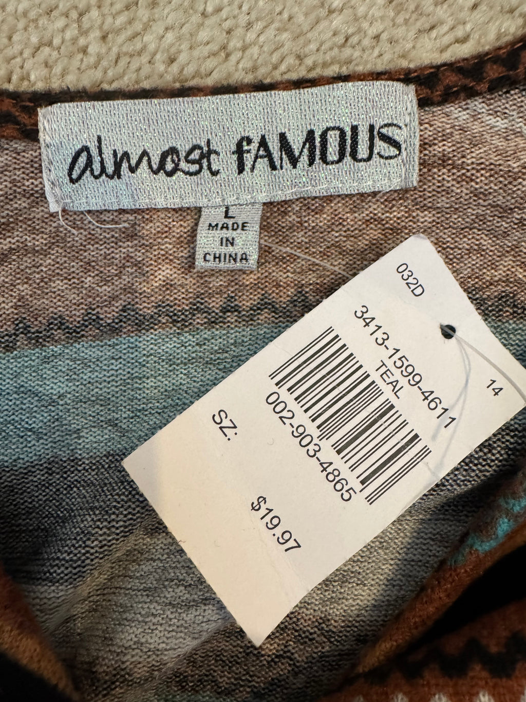 Almost Famous Women’s L Twist Front Crop Top NWT Two Way Teal Brown Stripe