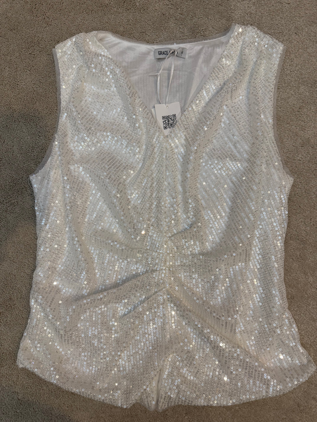 Grace Karin XL White Sequin V Neck Blouse Party Top NWT