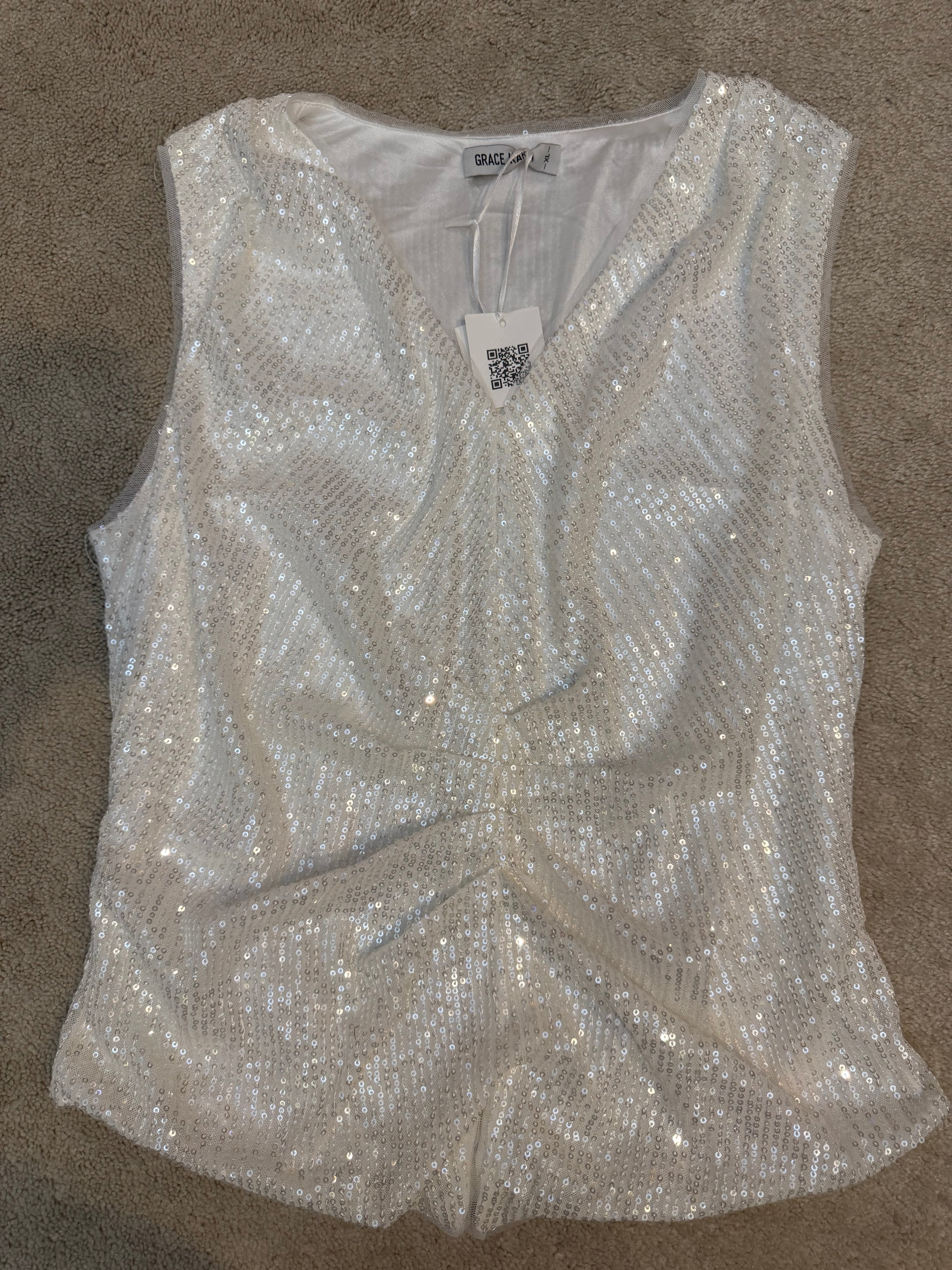 Grace Karin XL White Sequin V Neck Blouse Party Top NWT