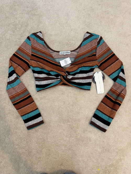 Almost Famous Women’s L Twist Front Crop Top NWT Two Way Teal Brown Stripe