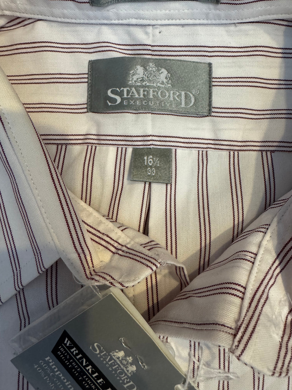Stafford Executive 16.5 35 Cream Burgundy Stripe Dress Shirt Mens