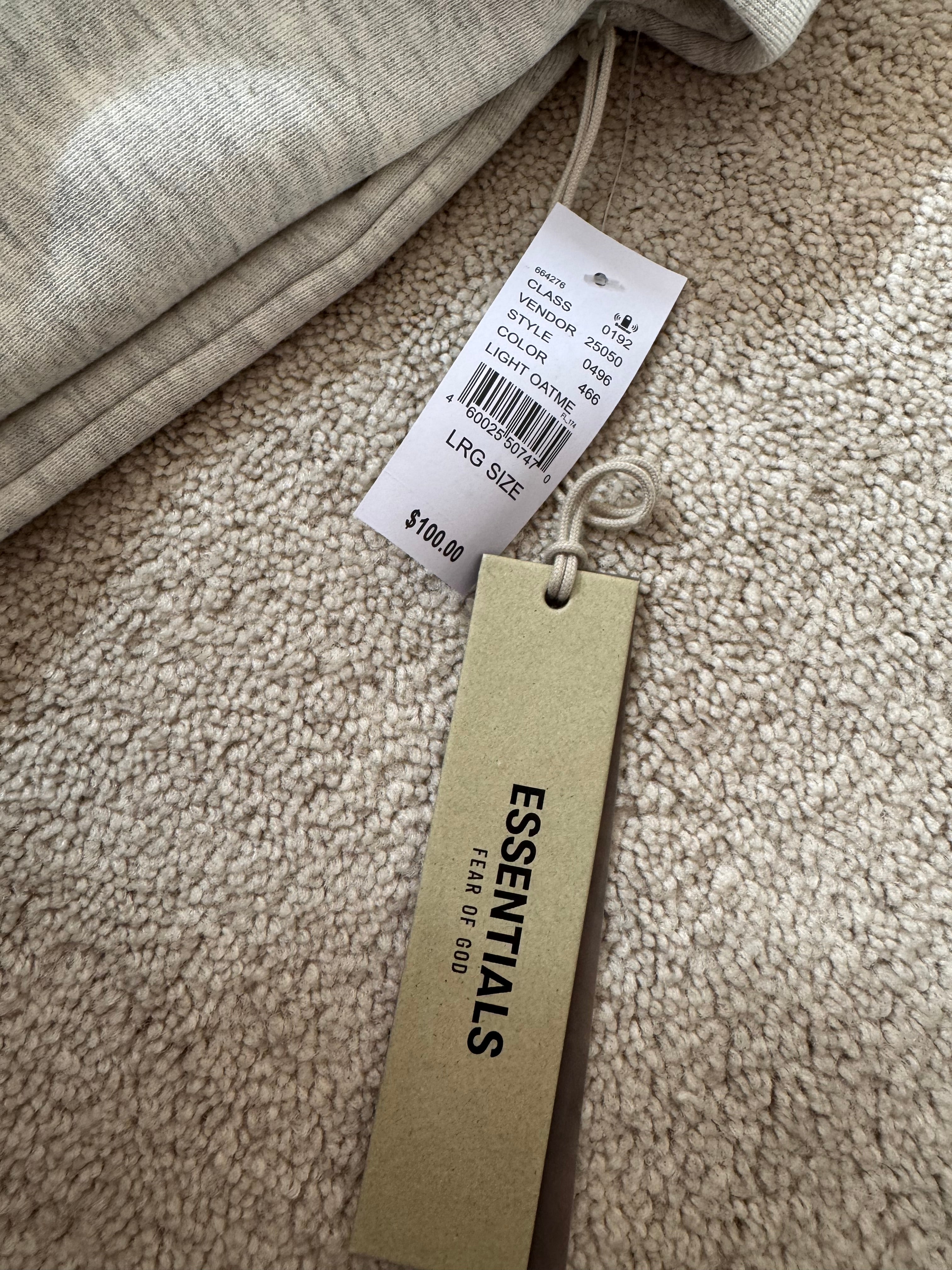 Fear of God Essentials Hoodie Light Oatmeal Large Pullover Sweatshirt NWT