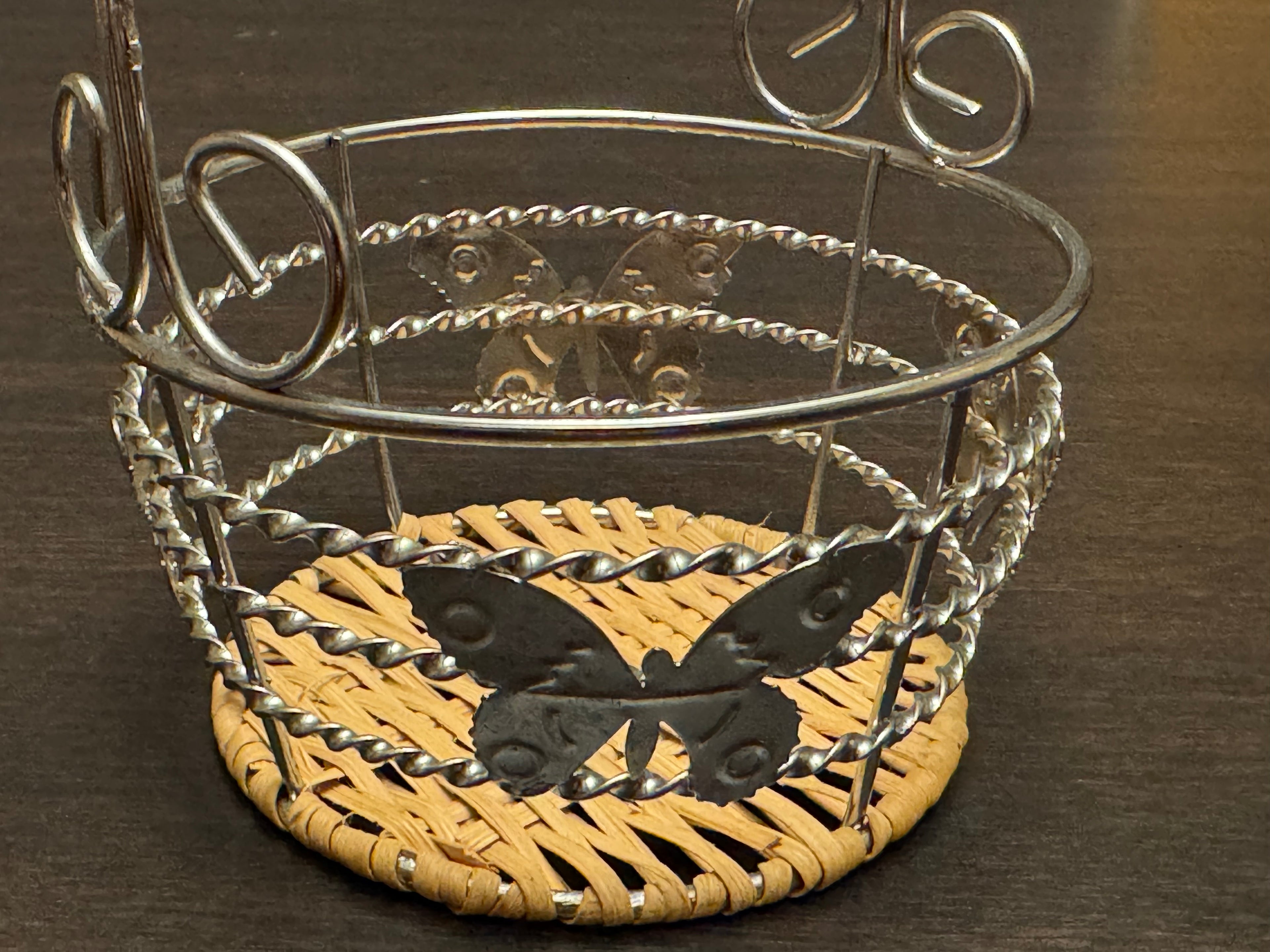 Vintage Metal Wire Basket Butterfly Wicker Bottom Farmhouse Decor
