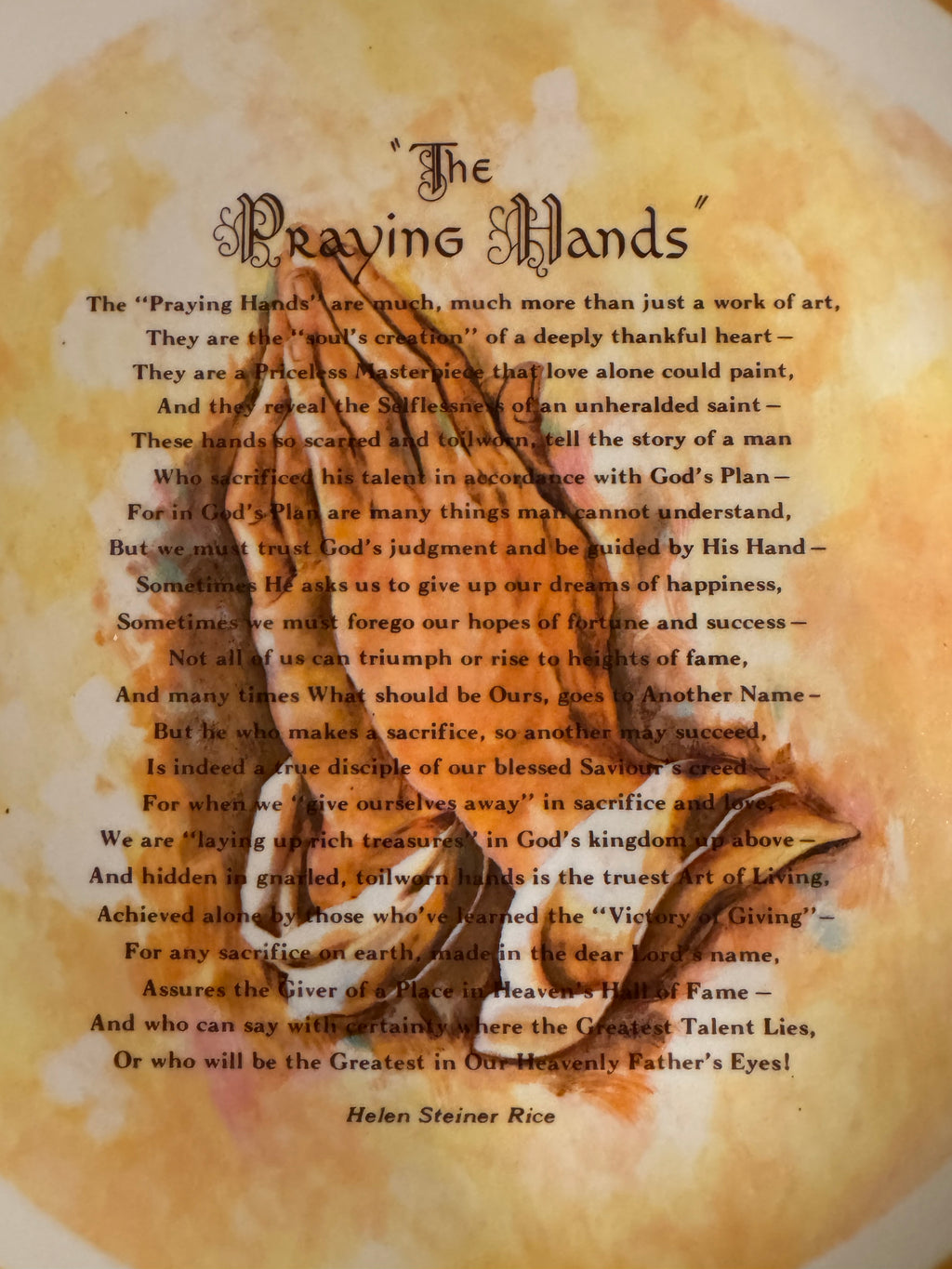 1973 Helen Steiner Rice “The Praying Hands” Keepsake Plate 12” Gibson