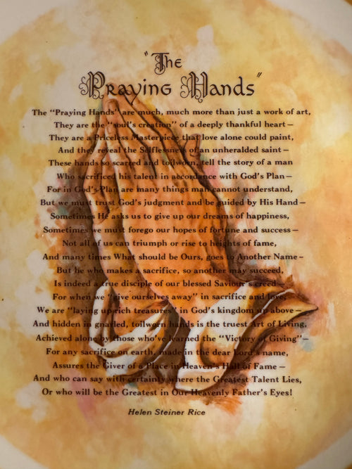 1973 Helen Steiner Rice “The Praying Hands” Keepsake Plate 12” Gibson
