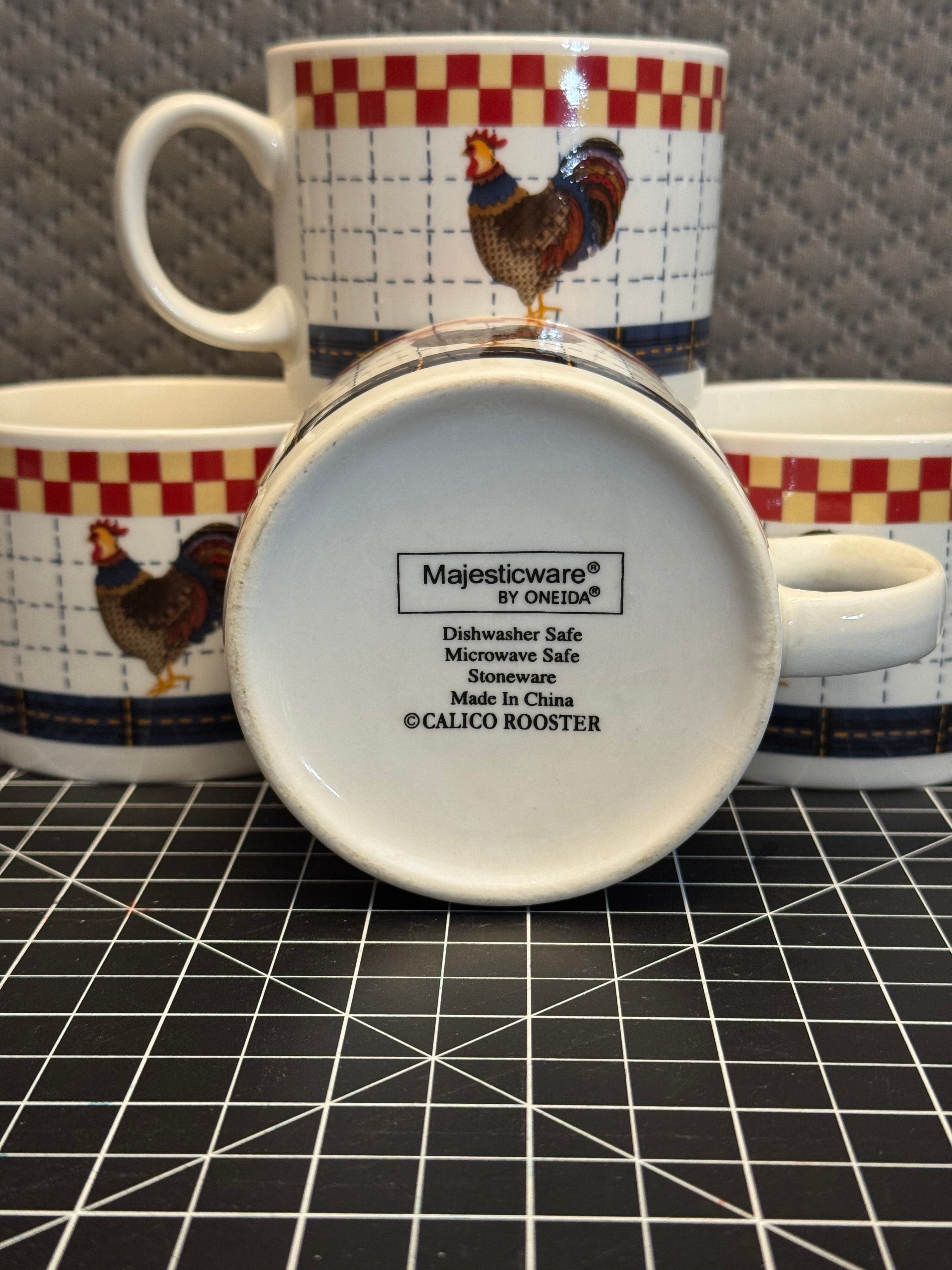 Majesticware Oneida Calico Rooster Mug Set Farmhouse Chicken Cups 4pc