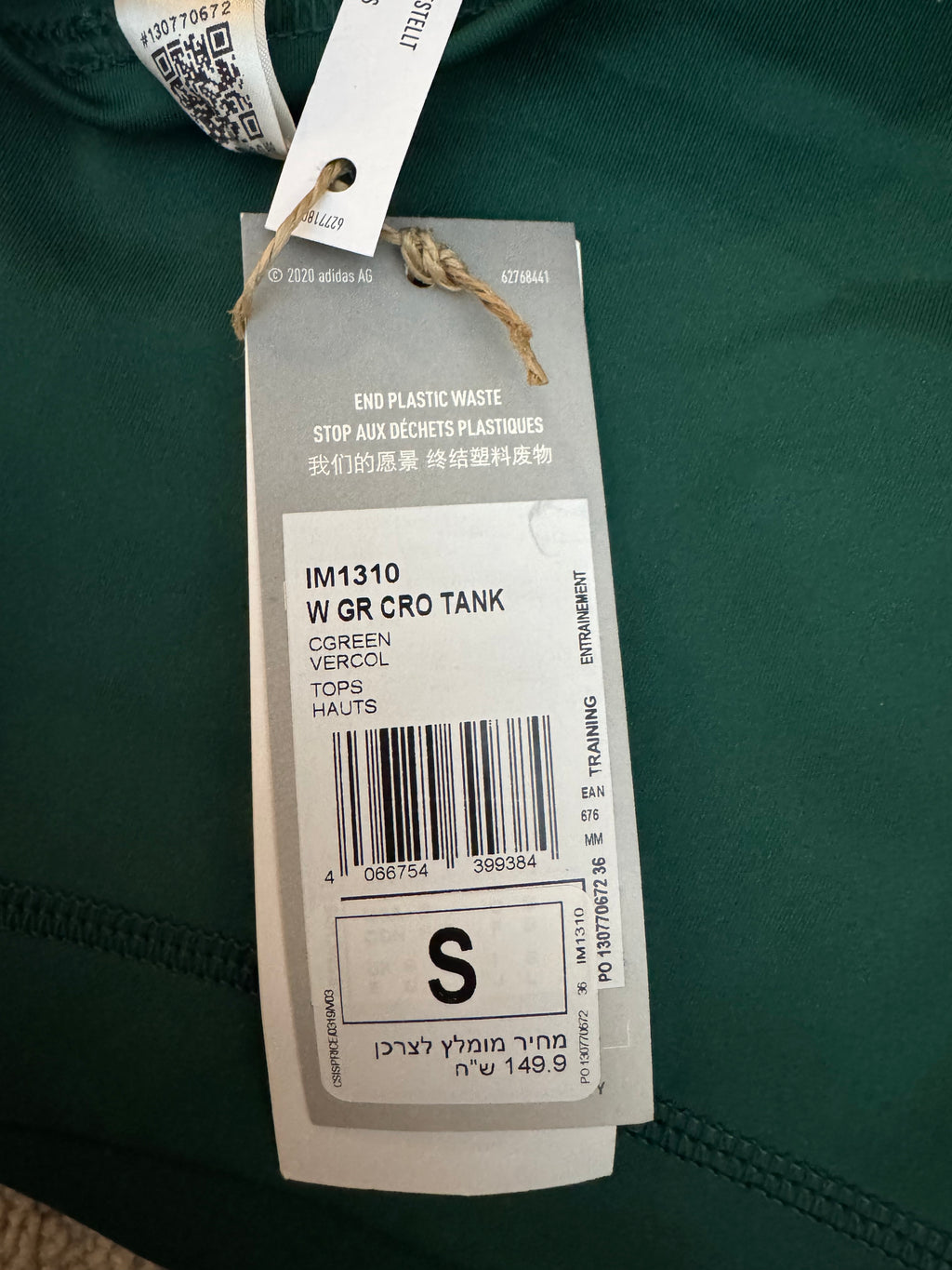 Adidas Sports Club Crop Tank Green Small NWT Primegreen Aeroready