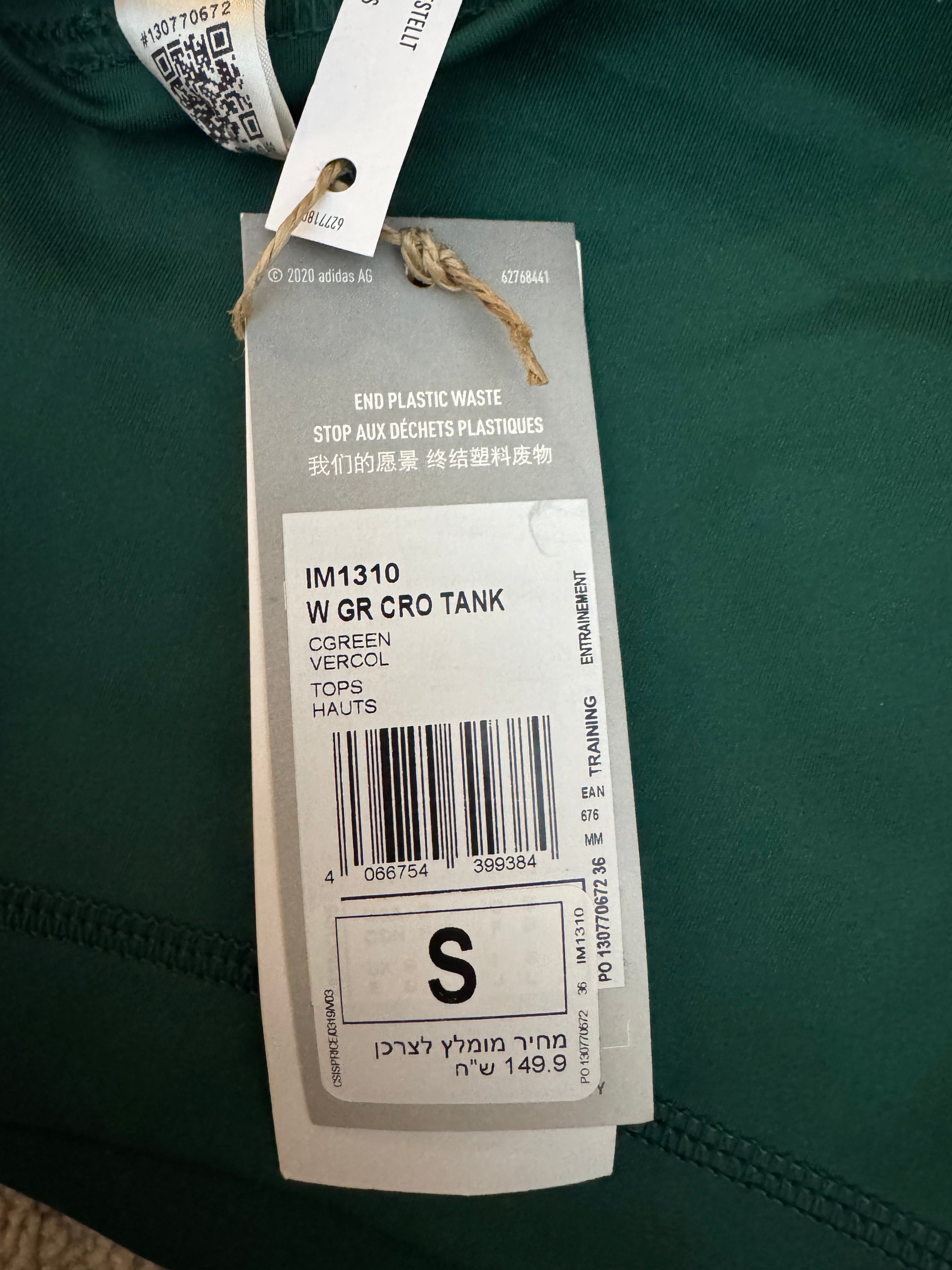 Adidas Sports Club Crop Tank Green Small NWT Primegreen Aeroready