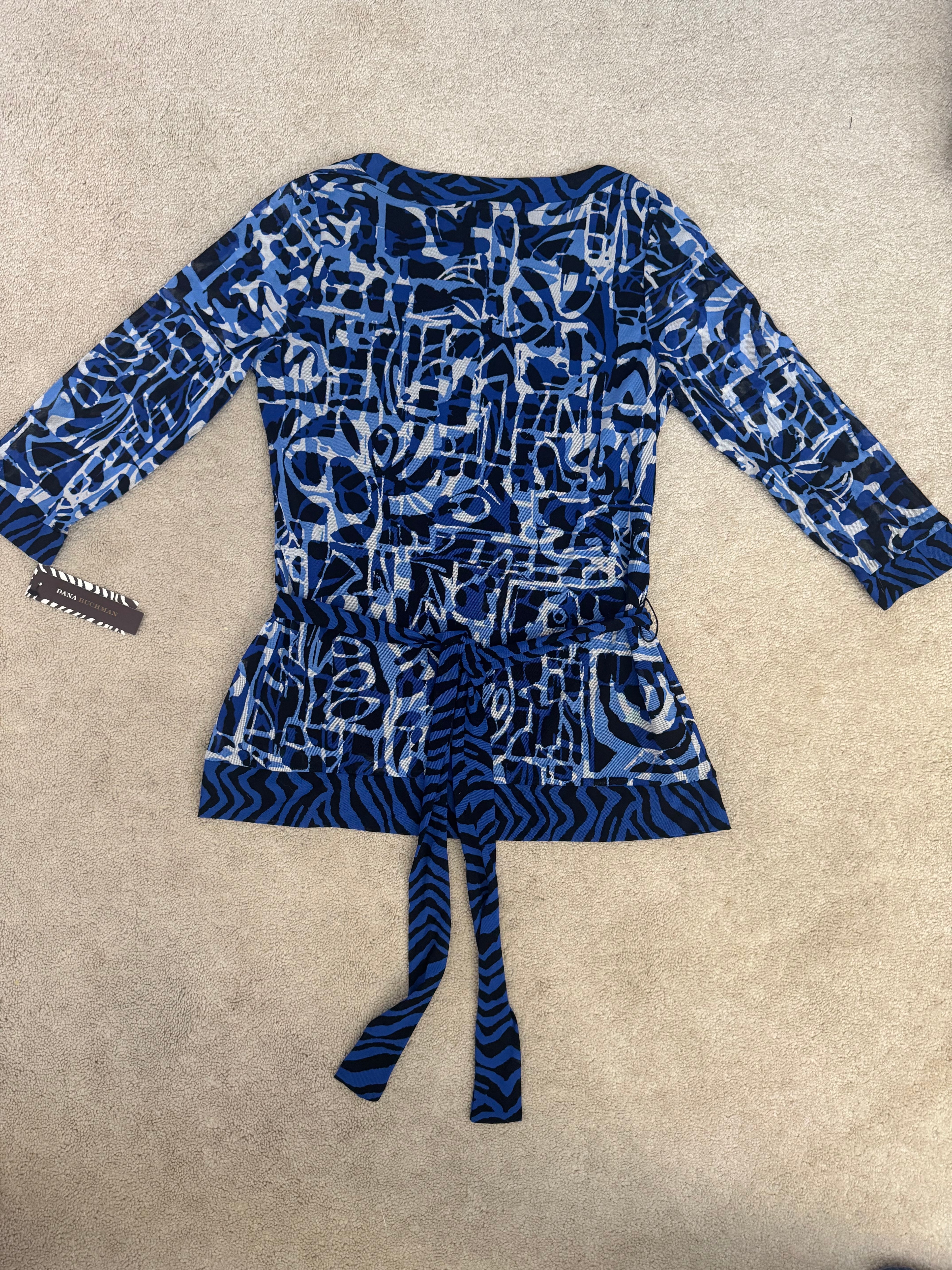 Dana Buchman Womens M Blue Black Graphic Statement Top Tie Waist NWT