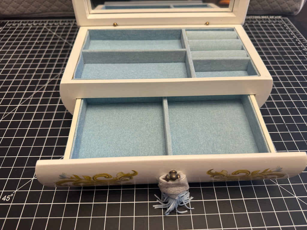 Vintage Style Jewelry Box w Mirror Drawer Cameo Lid Blue Velvet Storage