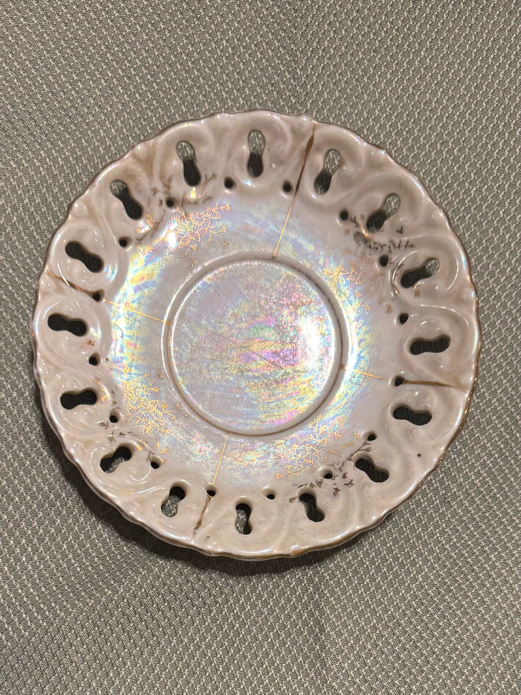 Antique Reticulated Porcelain Lusterware Saucer Gold Floral Pierced Rim