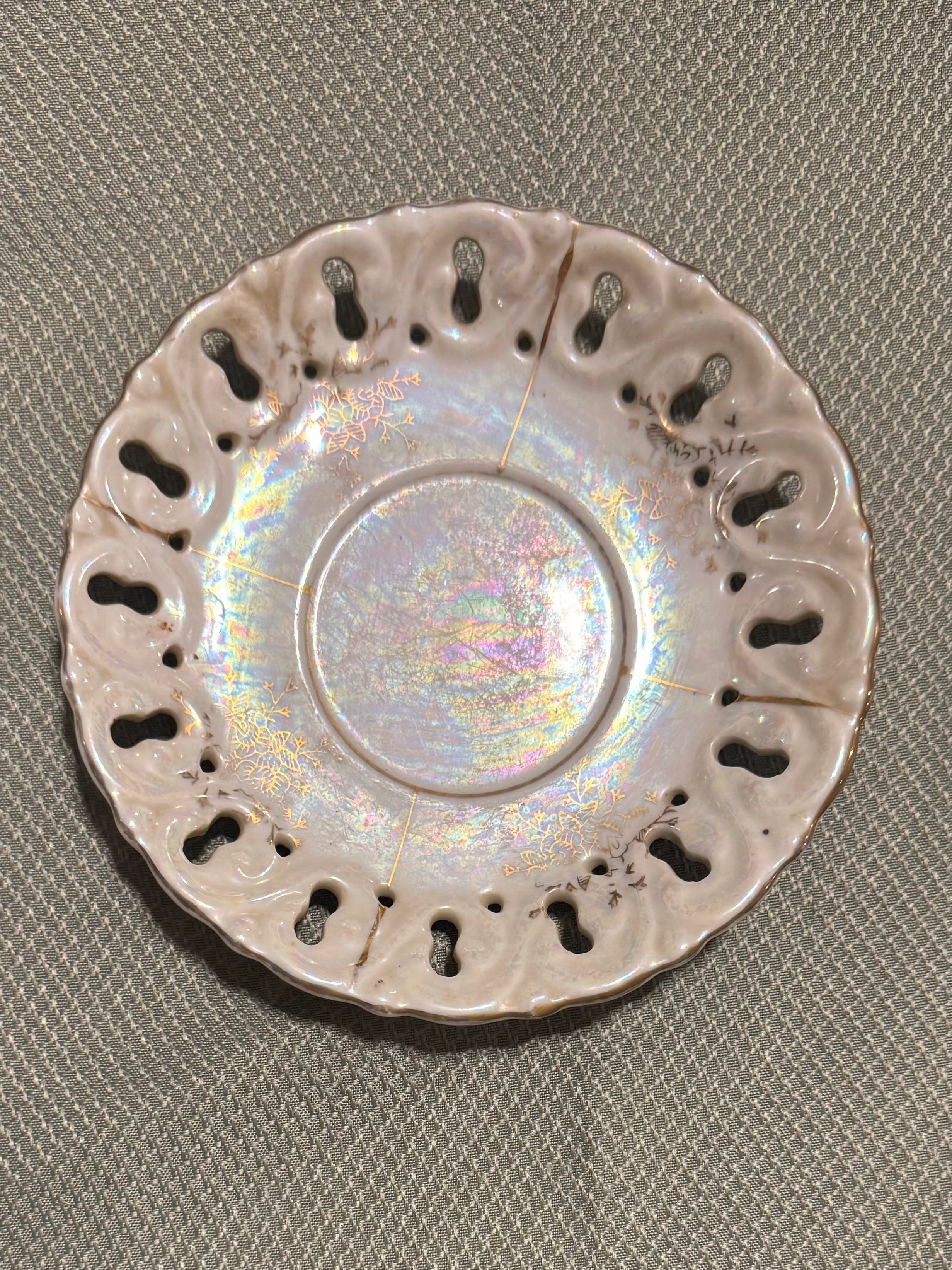 Antique Reticulated Porcelain Lusterware Saucer Gold Floral Pierced Rim