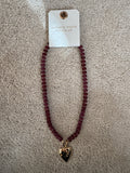 Altar’d State Burgundy Beaded Necklace Gold Heart Pendant NWT Boutique 16-18”