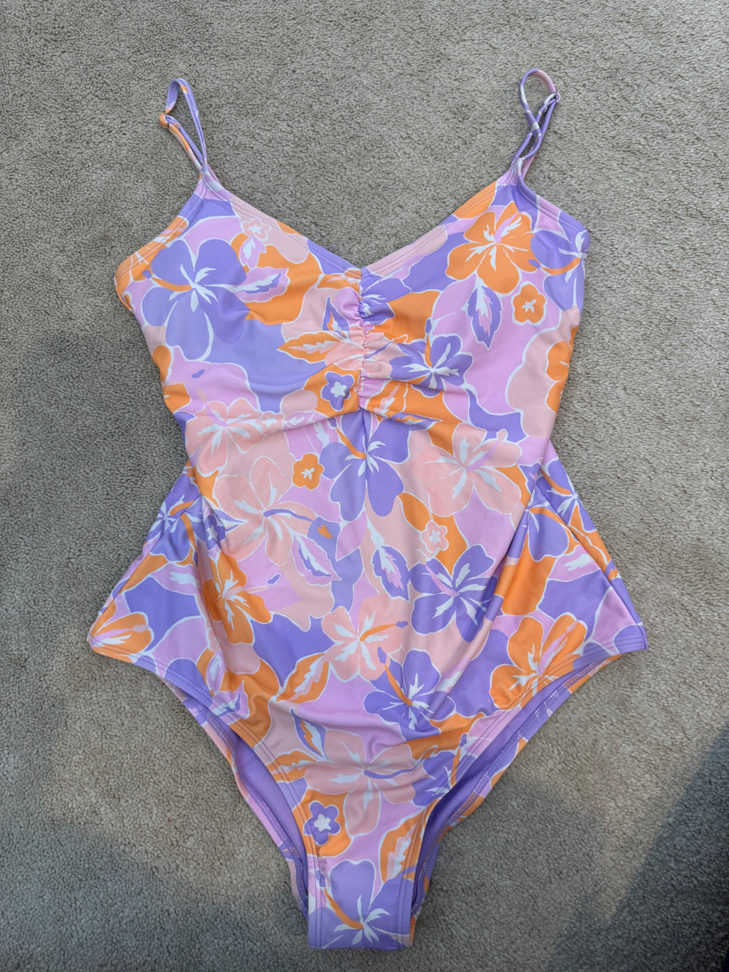Ninety-Nine L/G One Piece Swimsuit Purple Orange Floral Ruched Front Adjustable Straps