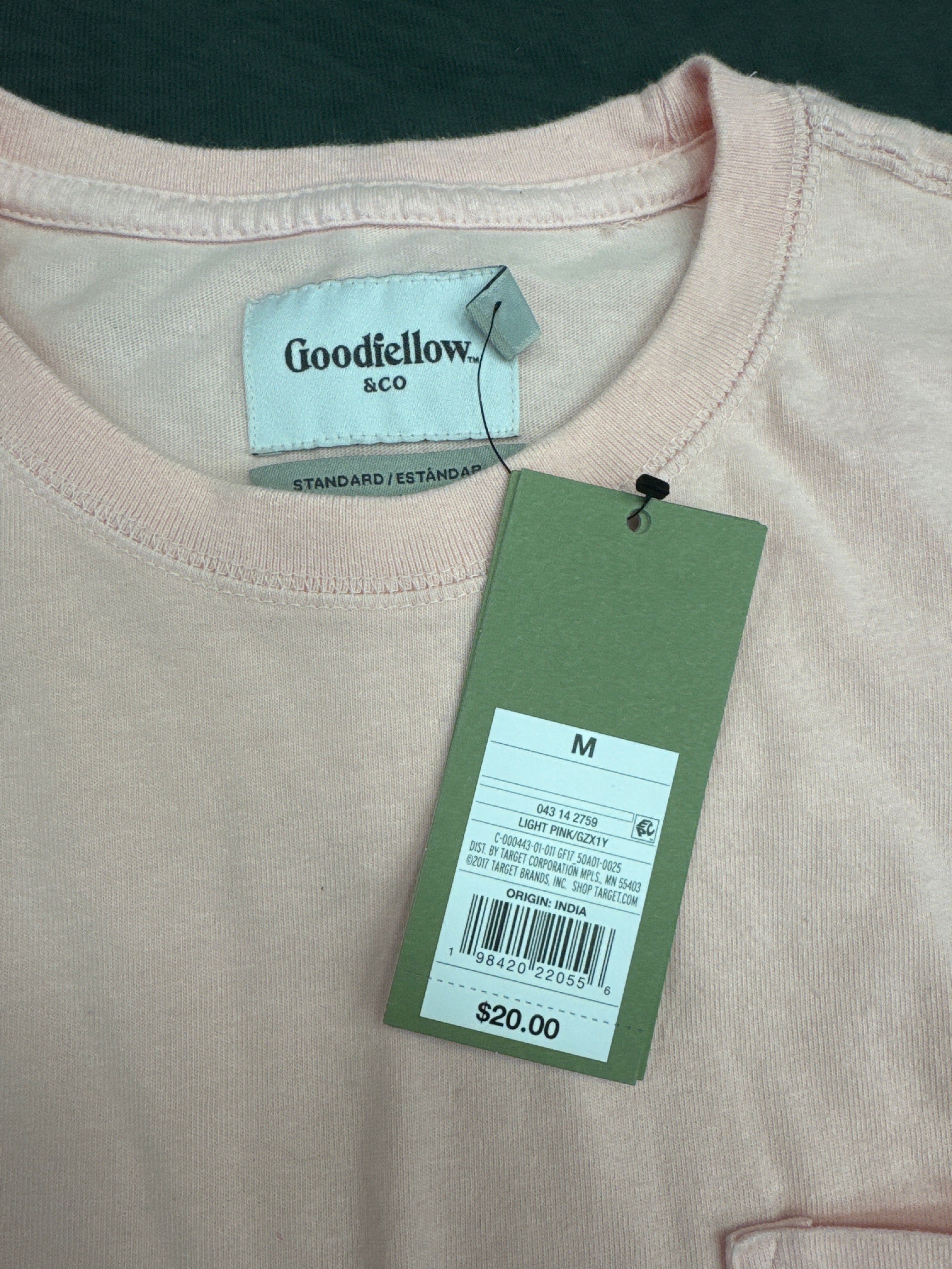 Goodfellow & Co Light Pink Long Sleeve Pocket T Shirt Mens Medium NWT Cotton Casual