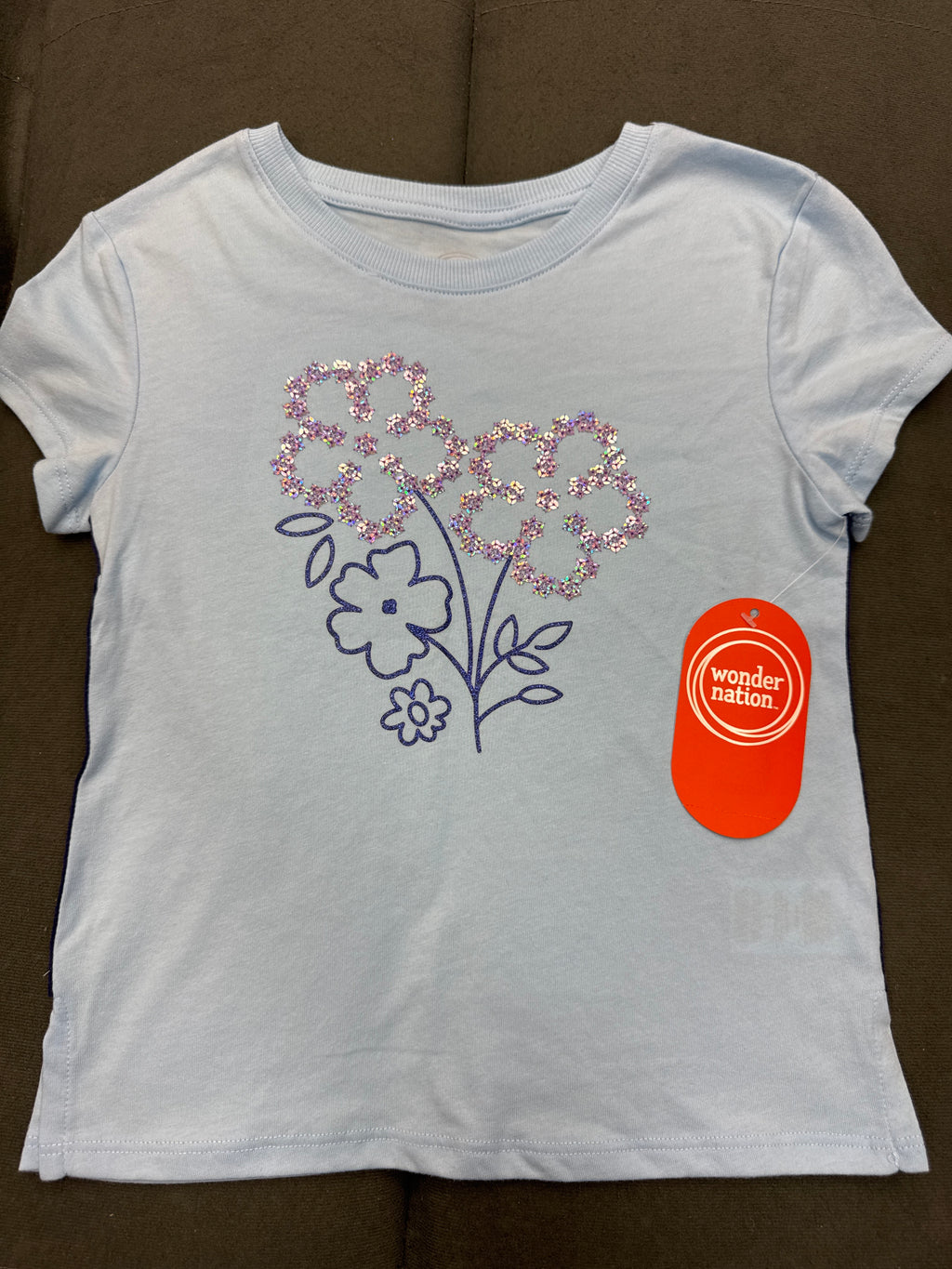 Wonder Nation Girls Blue Glitter Flower Short Sleeve T-Shirt Size 7 NWT Floral Tee