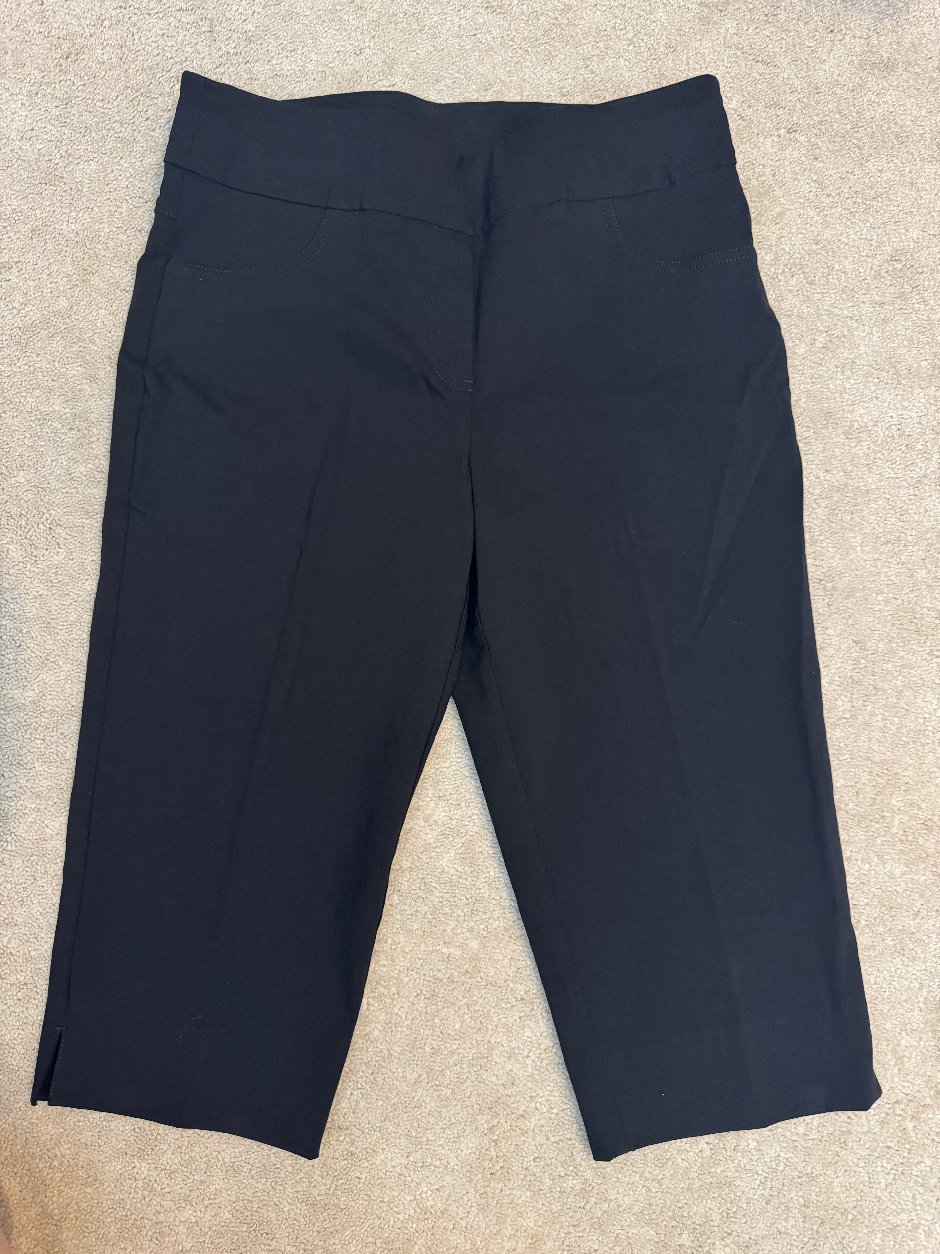Ruby Rd Size 12 Black Pull On Crop Pants Slimming Waistband Stretch Wide Leg NWT