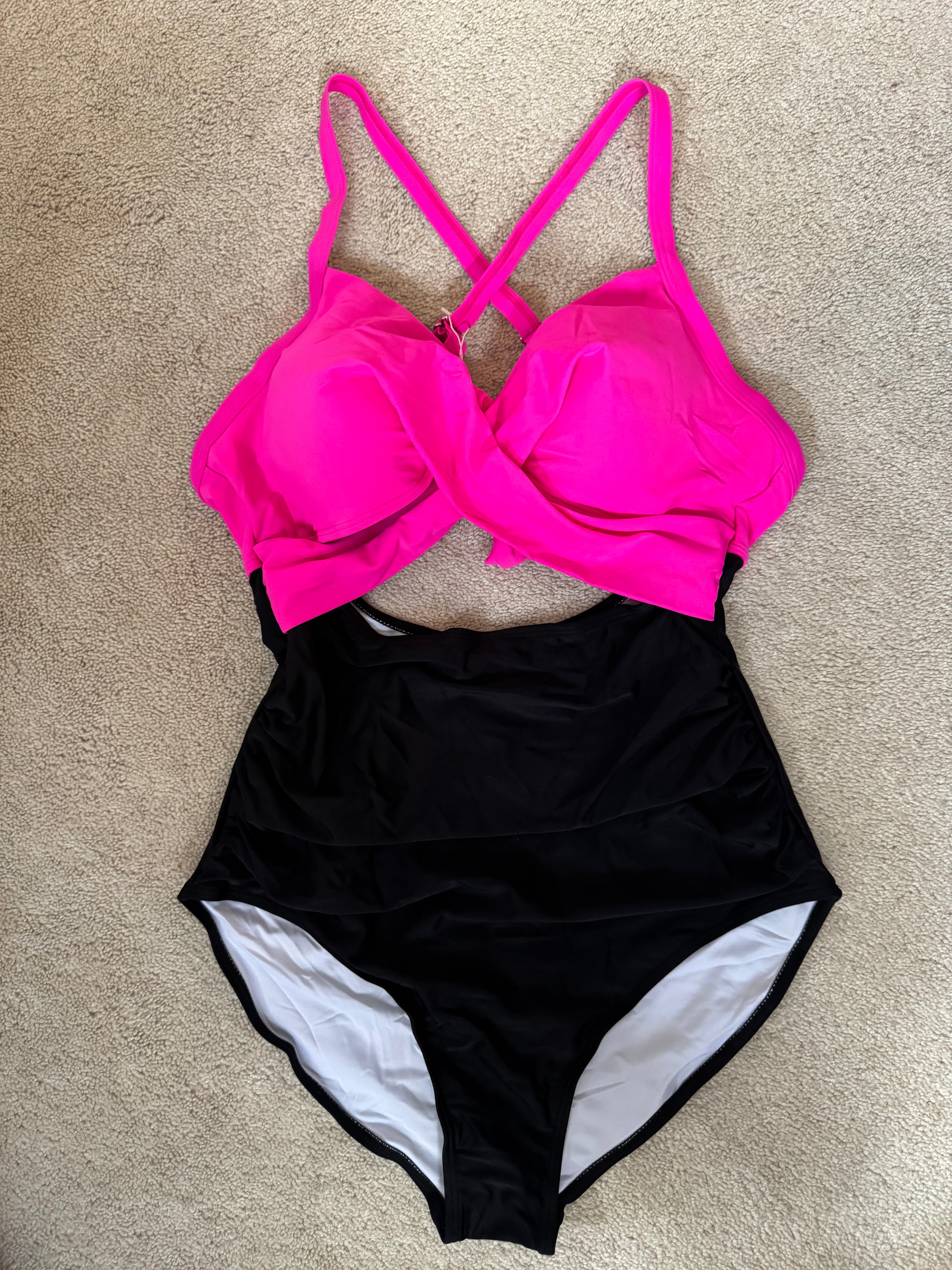 Eomenie XL One Piece Swimsuit Pink Black Twist Front Ruched Tummy Control NWT