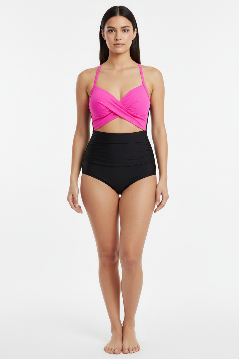 Eomenie XL One Piece Swimsuit Pink Black Twist Front Ruched Tummy Control NWT