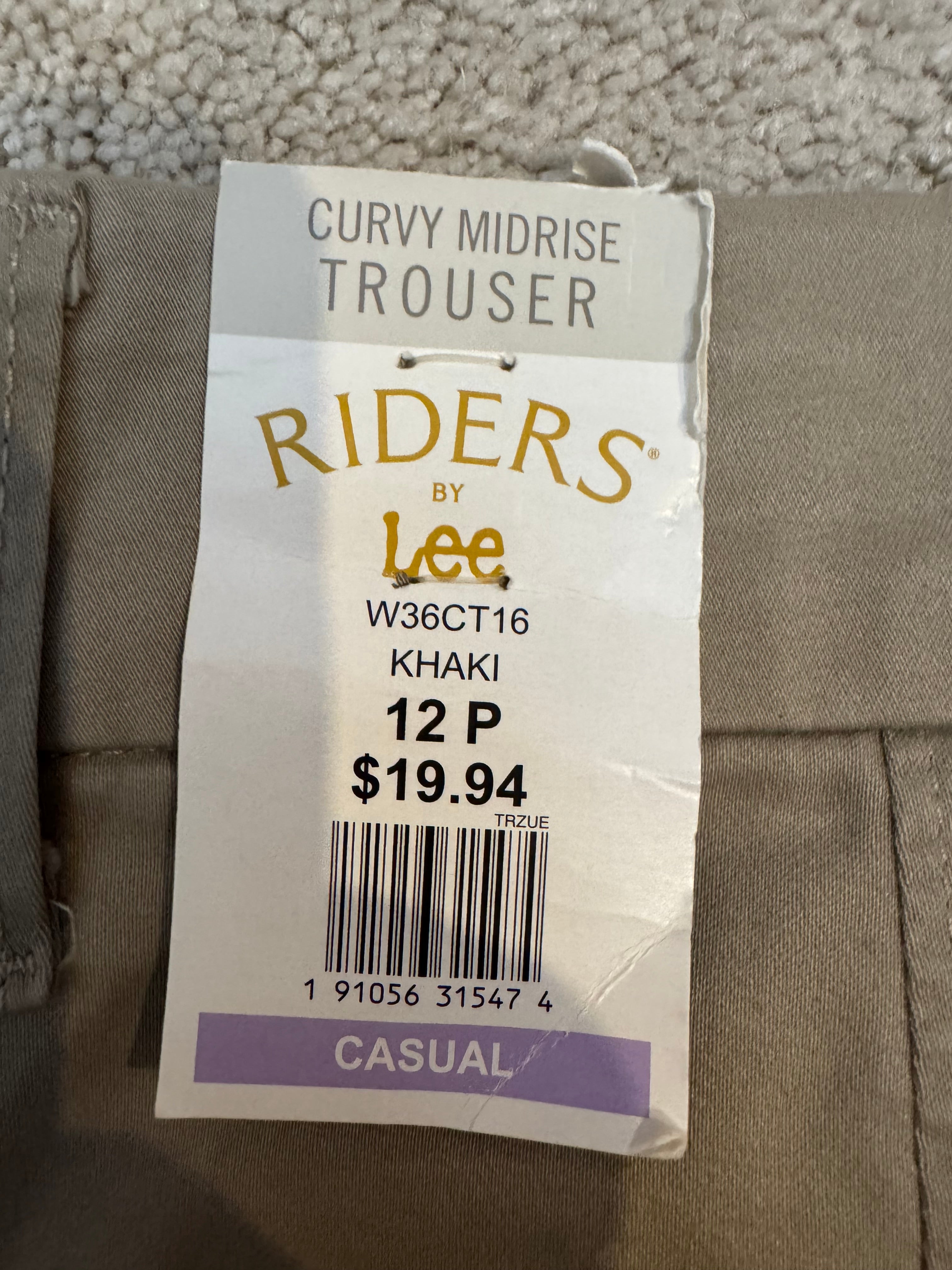 Riders by Lee Curvy Fit Khaki Chino Trousers Size 12P Midrise Stretch Bootcut Work Pants