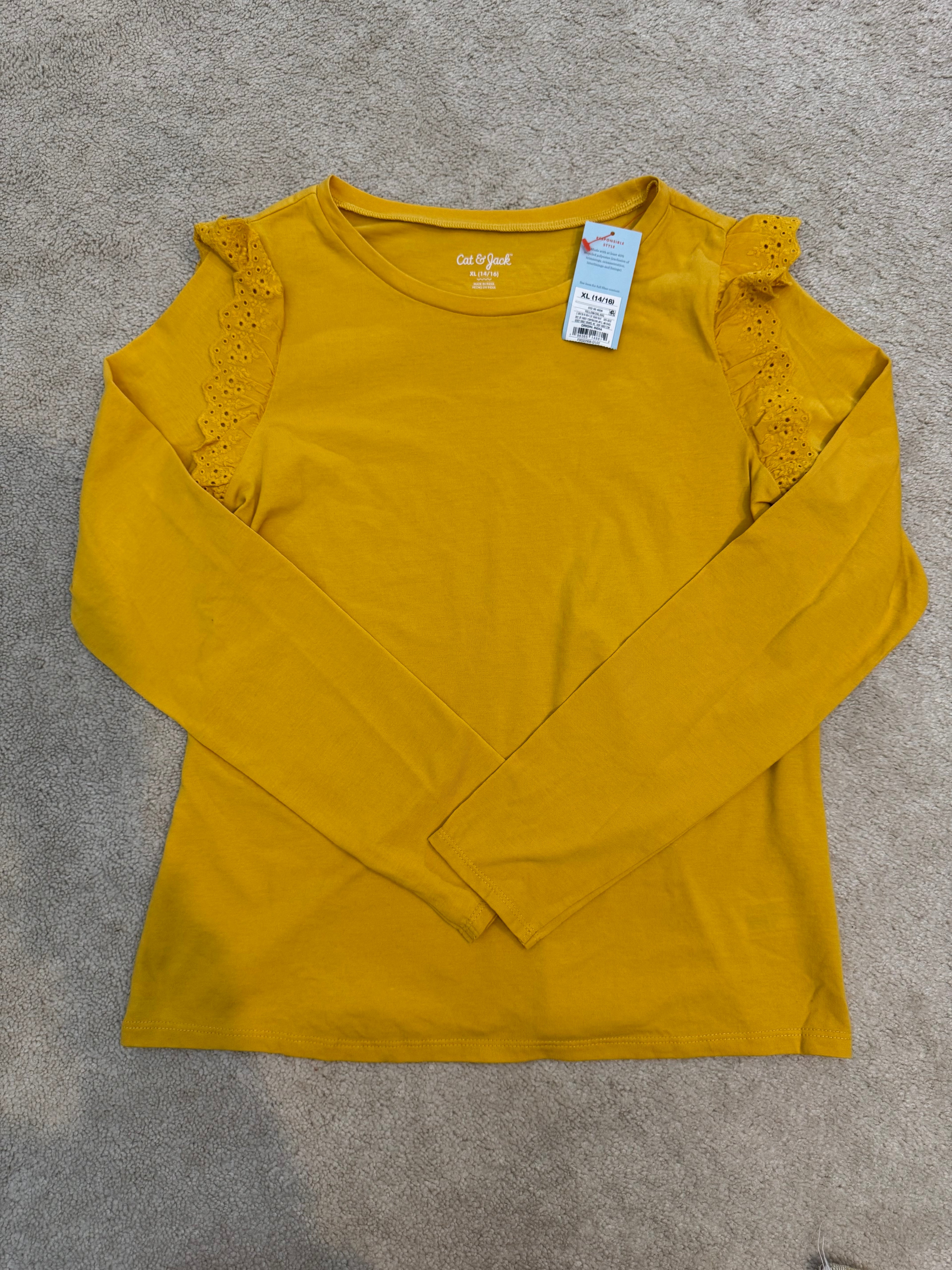Cat & Jack Girls Yellow Eyelet Ruffle Top XL 14/16 NWT