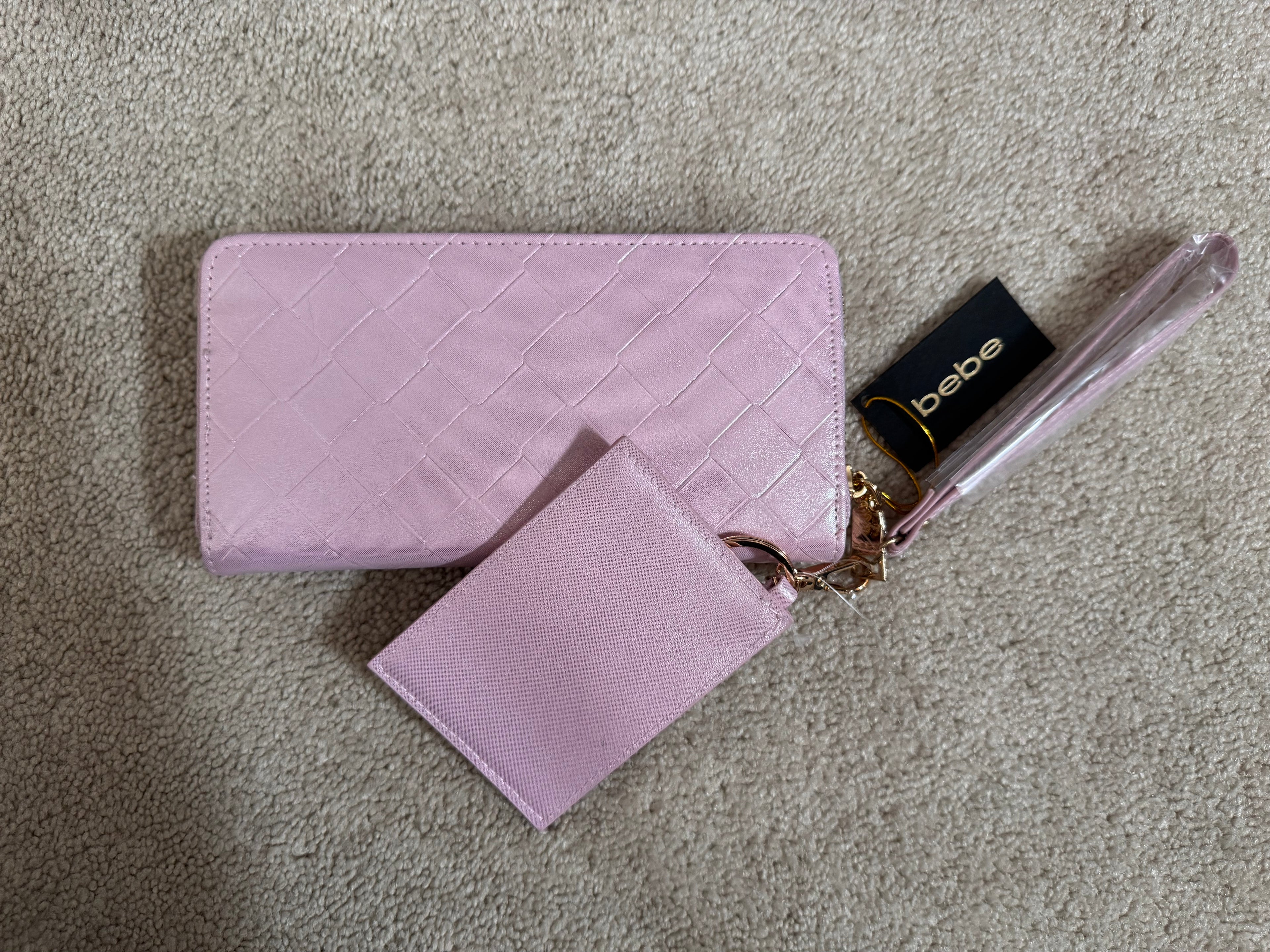 Bebe Pink Metallic Quilted Wristlet Wallet & Card Holder Set NWT $59