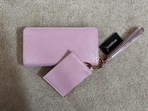 Bebe Pink Metallic Quilted Wristlet Wallet & Card Holder Set NWT $59