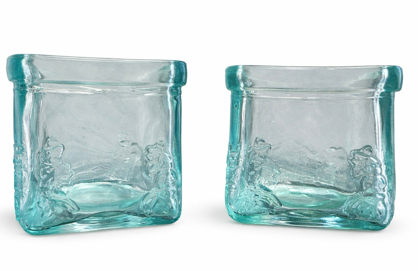 Vintage Aqua Glass Tealight Holder Set Blue Green Square Votive