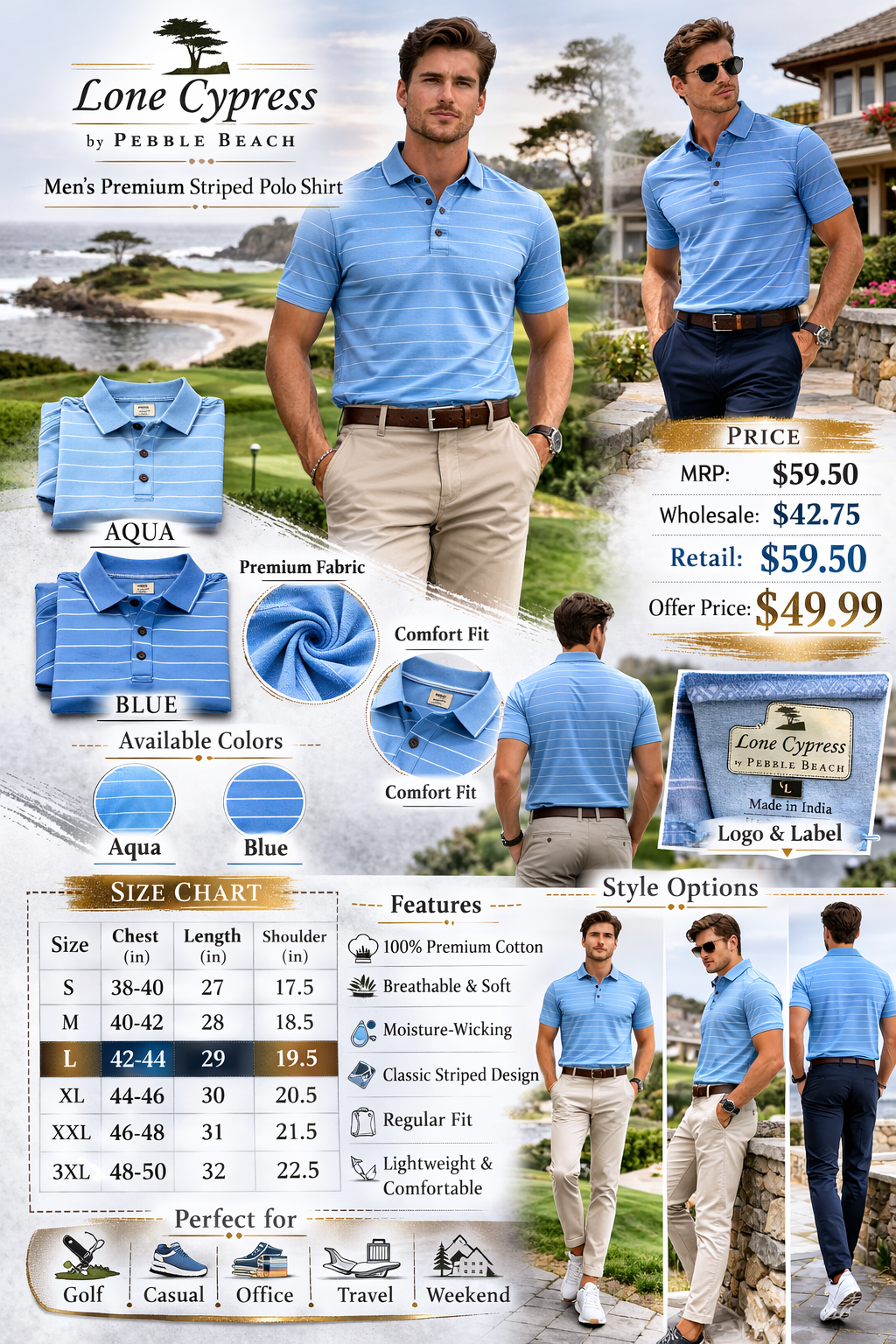 Pebble Beach Lone Cypress Mens Large Blue Performance Golf Polo NWT