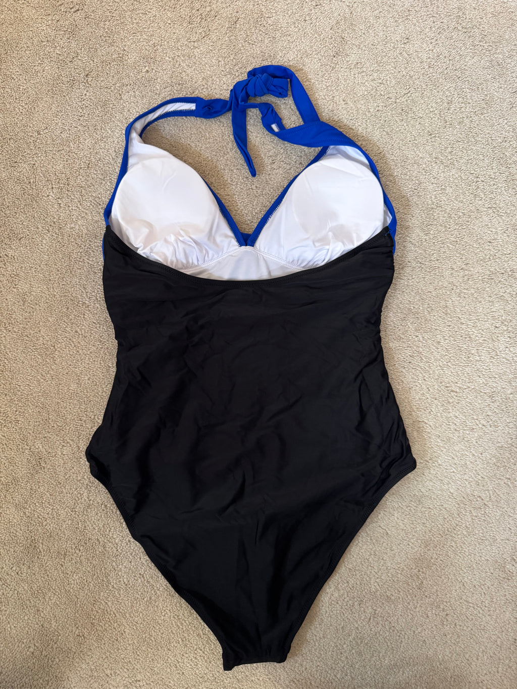 Womens Halter One Piece Swimsuit Size L Blue Black Colorblock Tummy Control Swimwear NWOT
