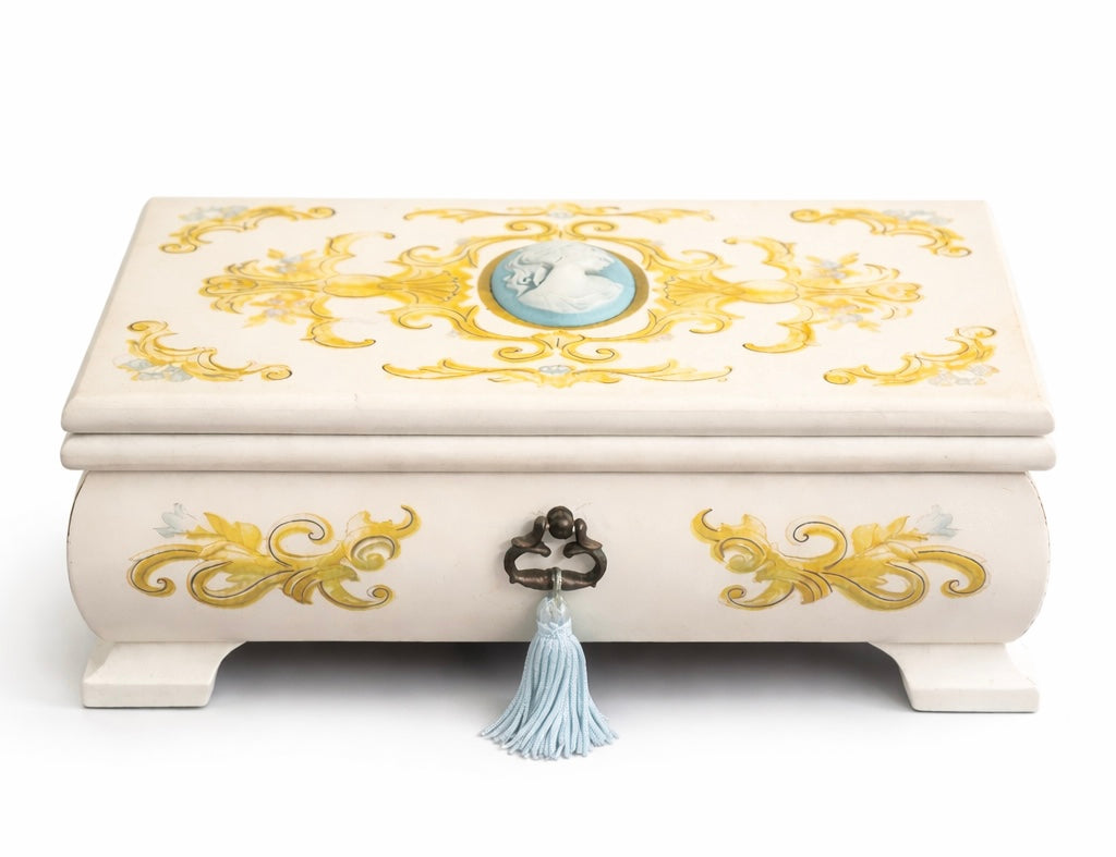 Vintage Style Jewelry Box w Mirror Drawer Cameo Lid Blue Velvet Storage