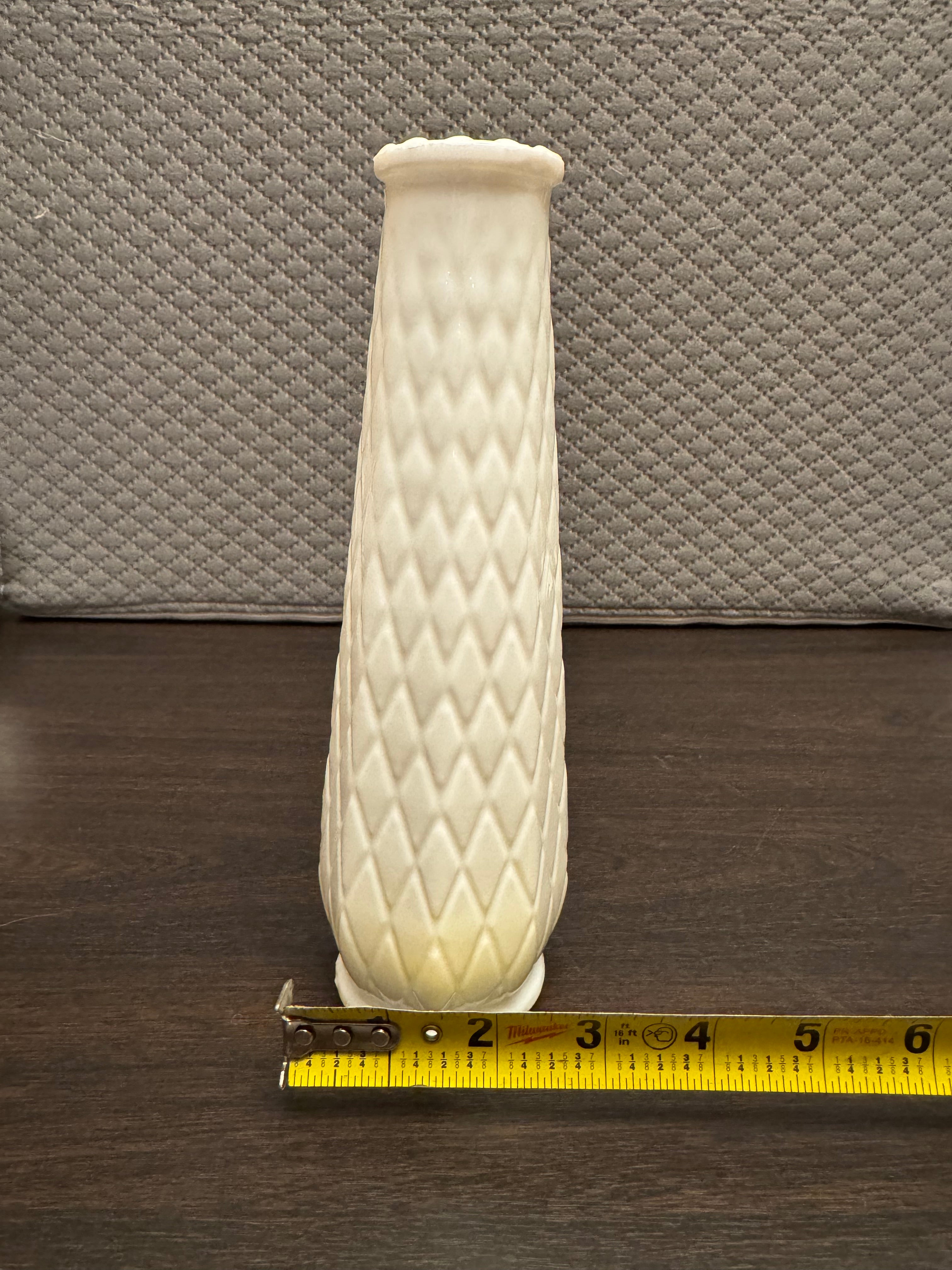 Vintage EO Brody Milk Glass Vase Diamond Quilt Tall Bud Vase White