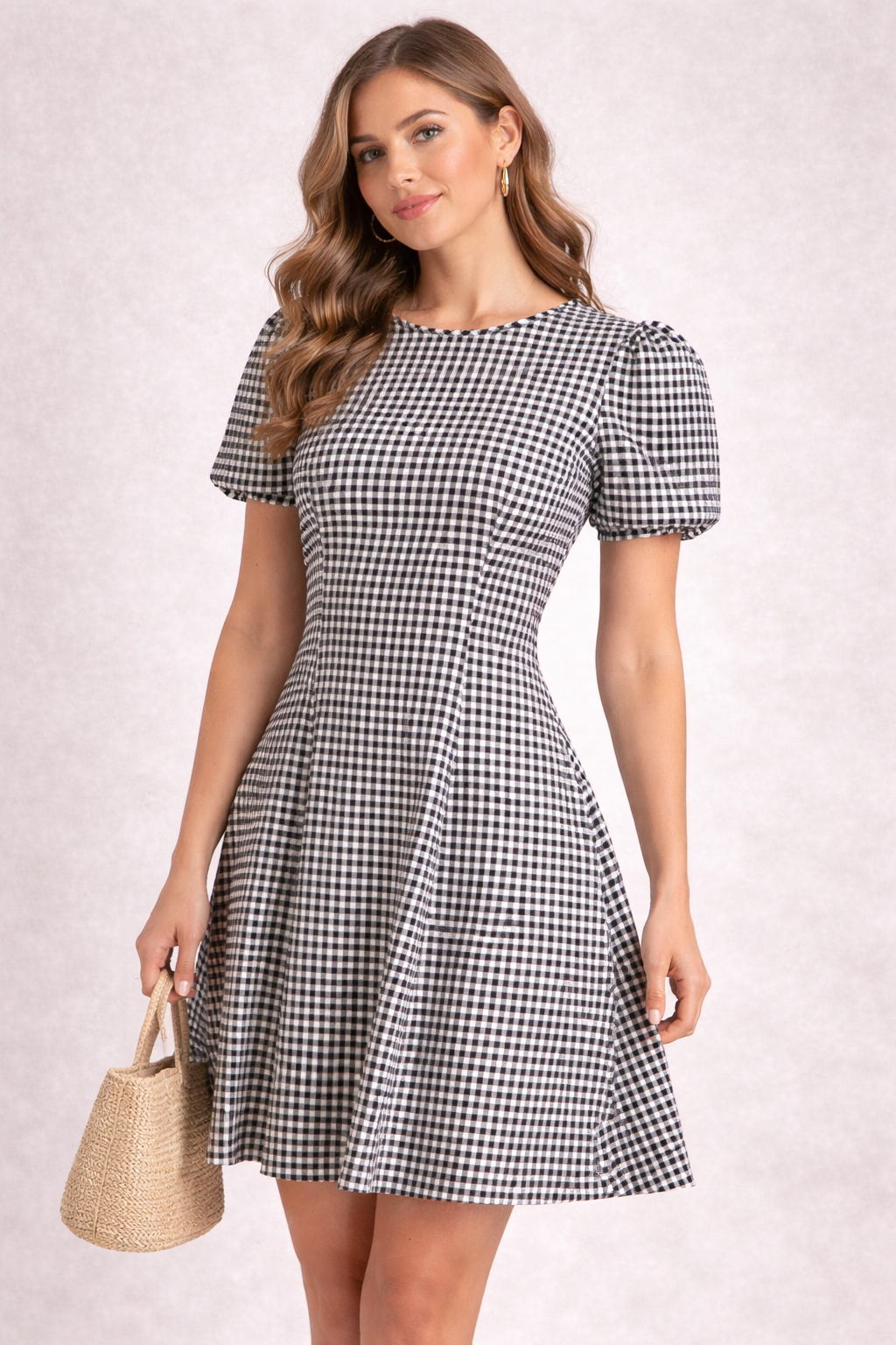 LOFT Petite 4P Black White Gingham Puff Sleeve Dress NWT