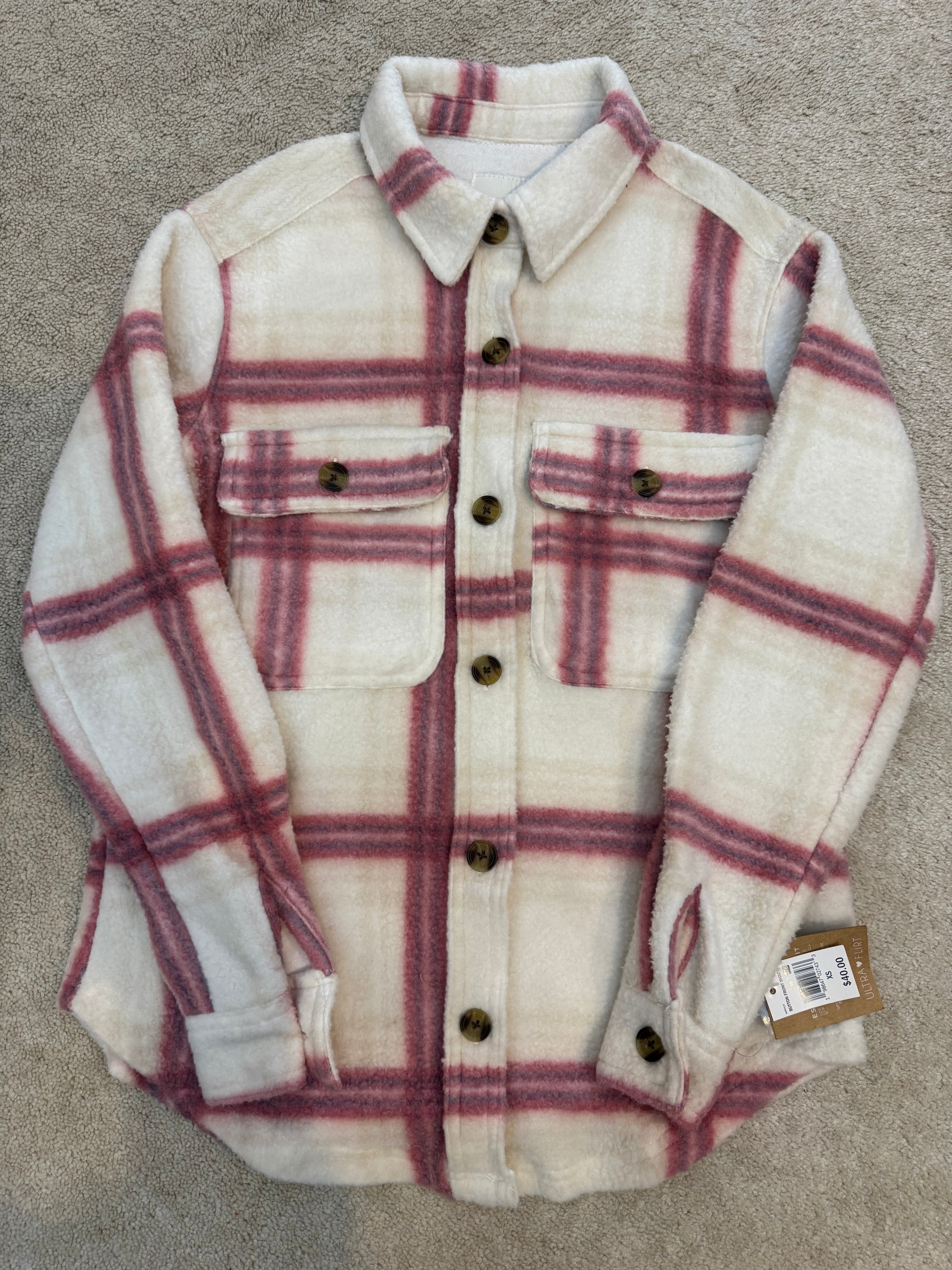 Ultra Flirt Pink Cream Plaid Fleece Shacket Women’s XS Button Front Jacket NWT