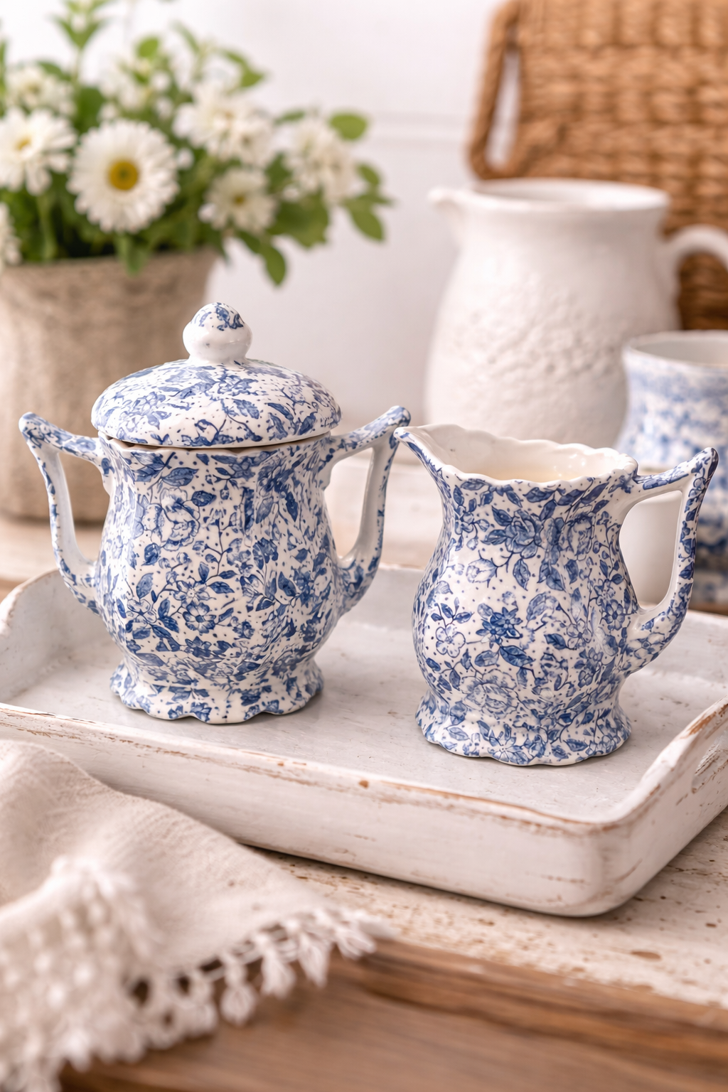 Blue White Floral Creamer Sugar Bowl Set Vintage Style Ceramic Tea Set