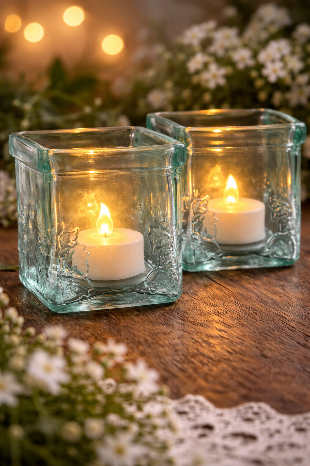 Vintage Aqua Glass Tealight Holder Set Blue Green Square Votive