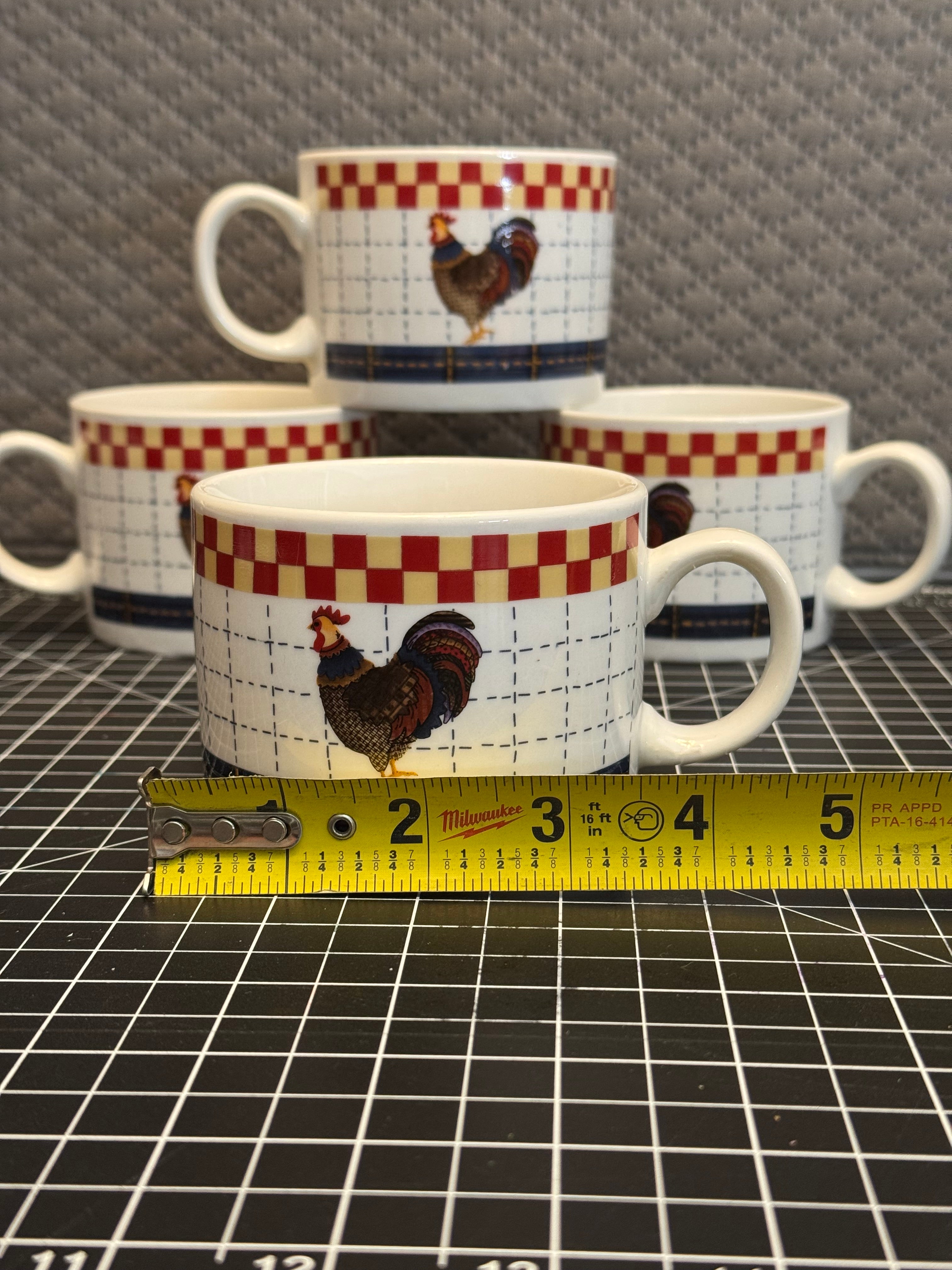 Majesticware Oneida Calico Rooster Mug Set Farmhouse Chicken Cups 4pc